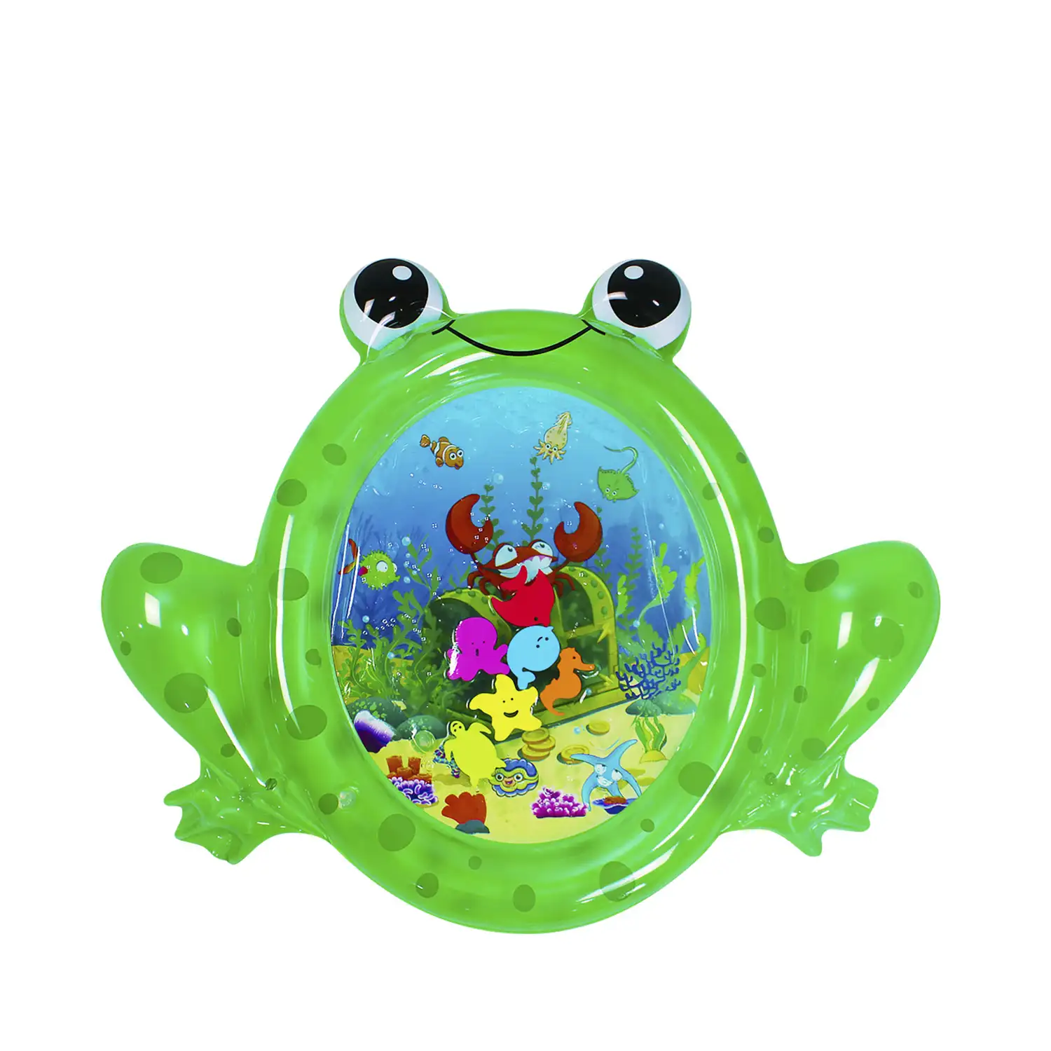 Colchoneta hinchable con forma de rana y diseño fondo marino. 83x70cm.