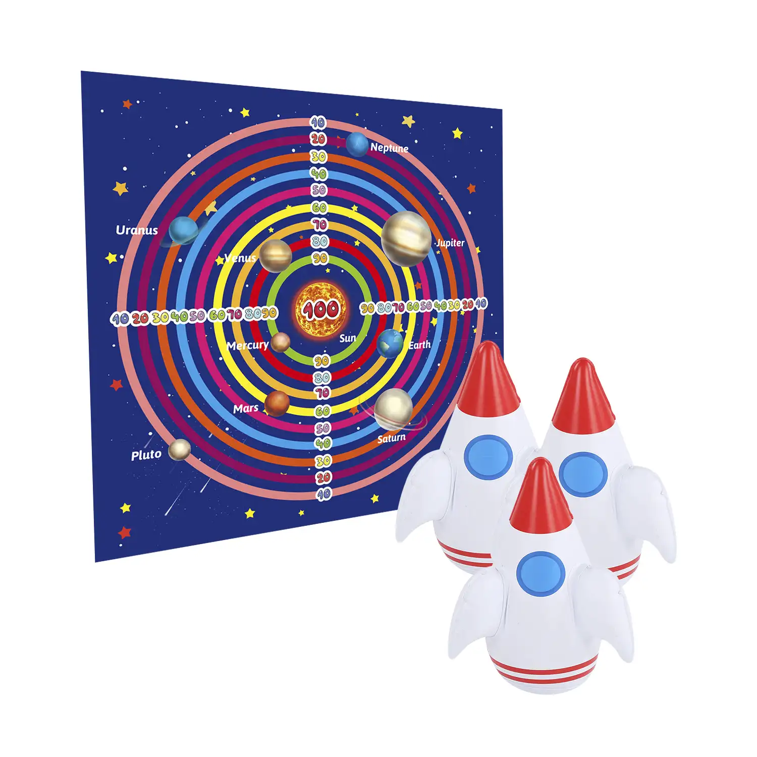Lanzamiento espacial de cohetes: juego de puntería, incluye 1 manta diana y 3 cohetes hinchables.