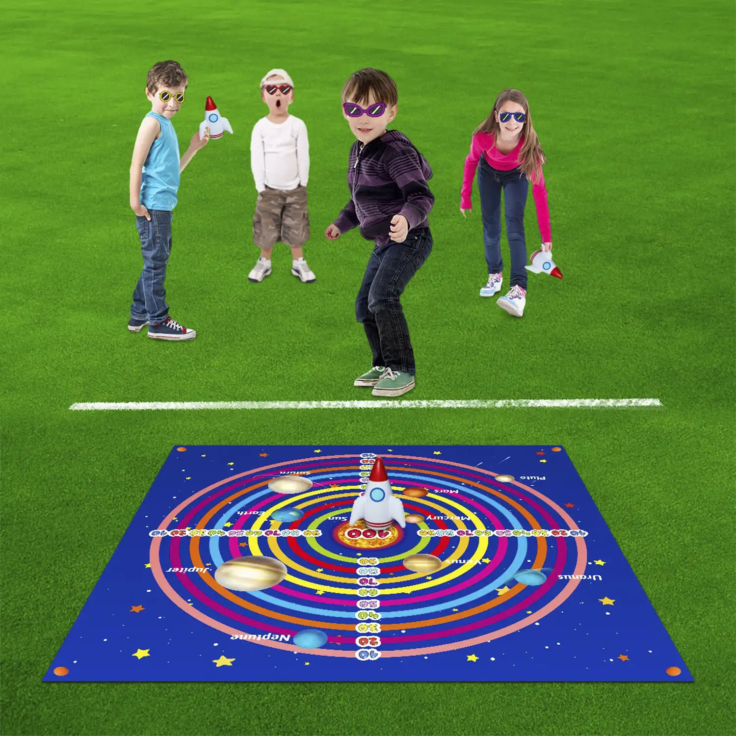 Lanzamiento espacial de cohetes: juego de puntería, incluye 1 manta diana y 3 cohetes hinchables.