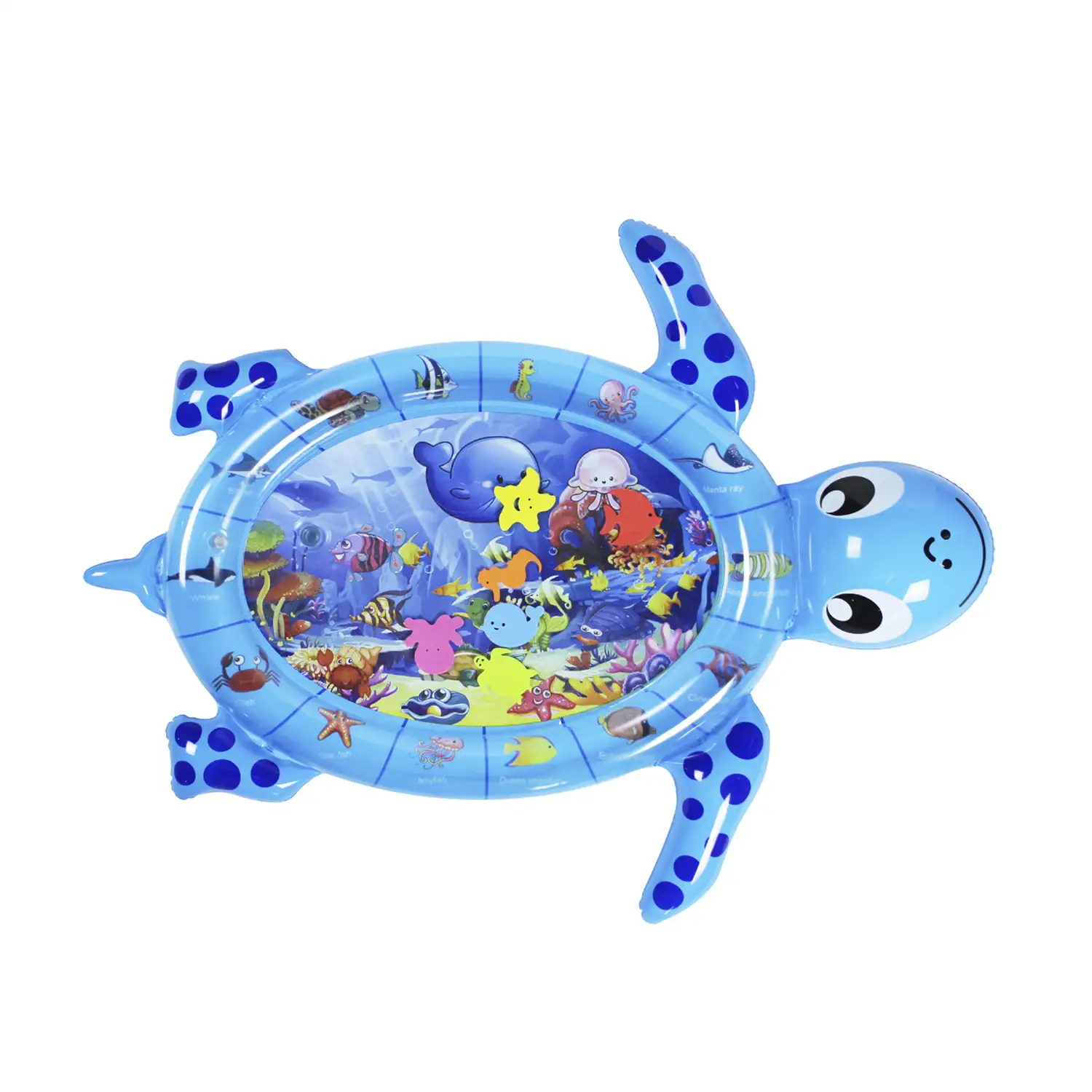 Colchoneta hinchable con forma de tortuga y diseño fondo marino. 105x74cm.