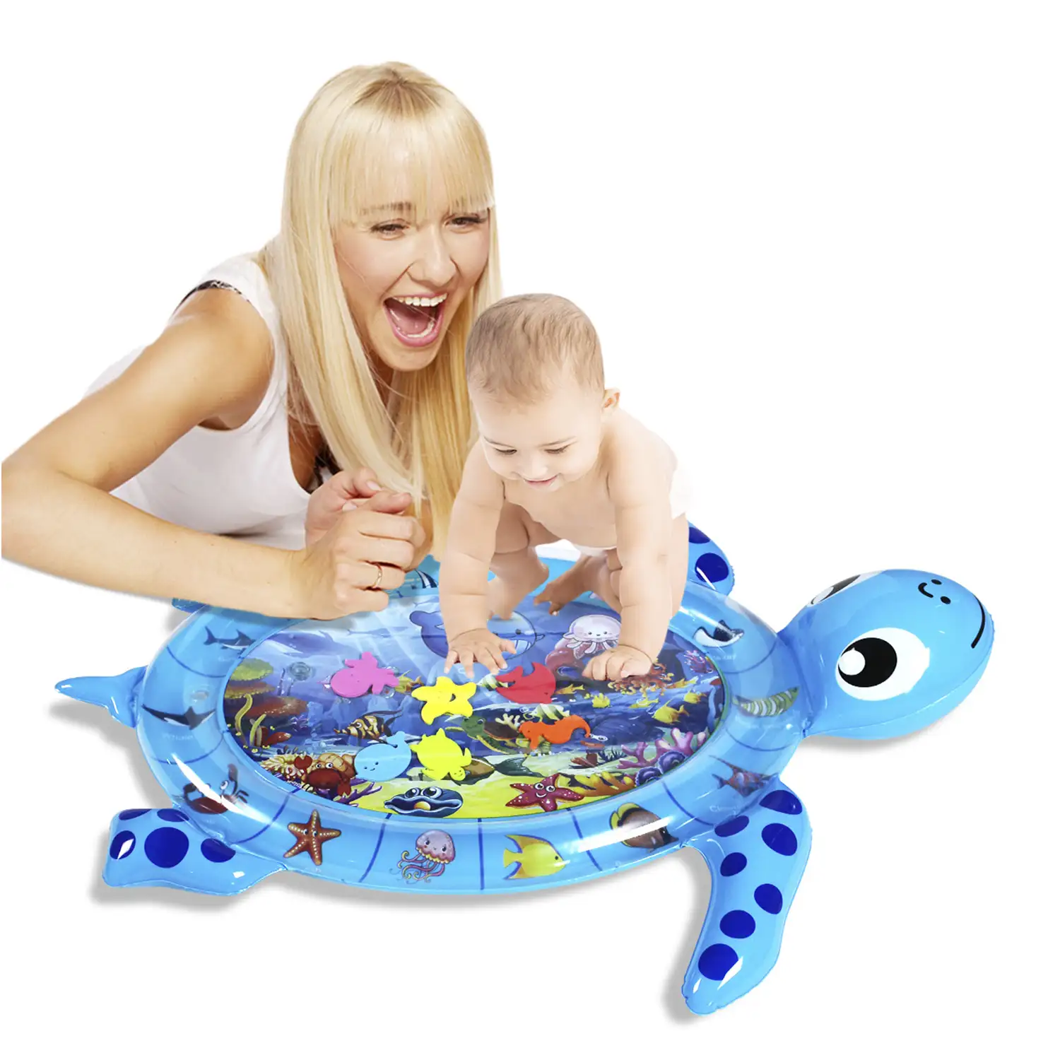 Colchoneta hinchable con forma de tortuga y diseño fondo marino. 105x74cm.