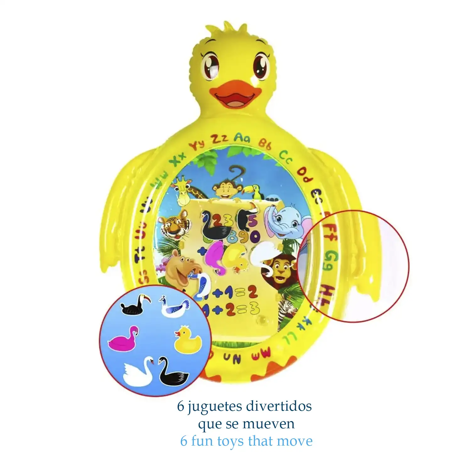 Colchoneta hinchable con forma de pato y diseño animales. 91x71cm.