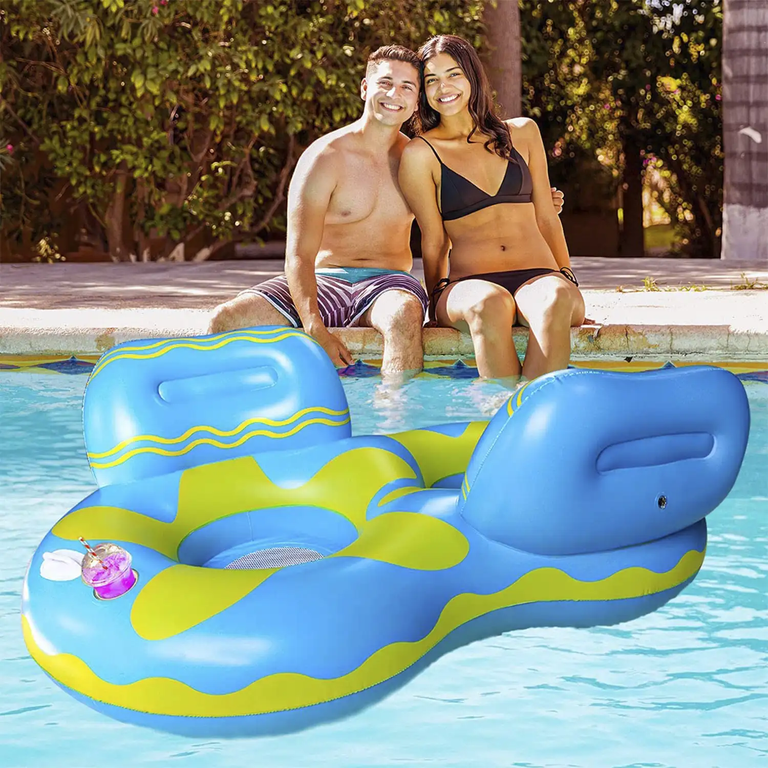 Sillón hinchable doble con asas, porta bebidas y reposacabezas. 185cm
