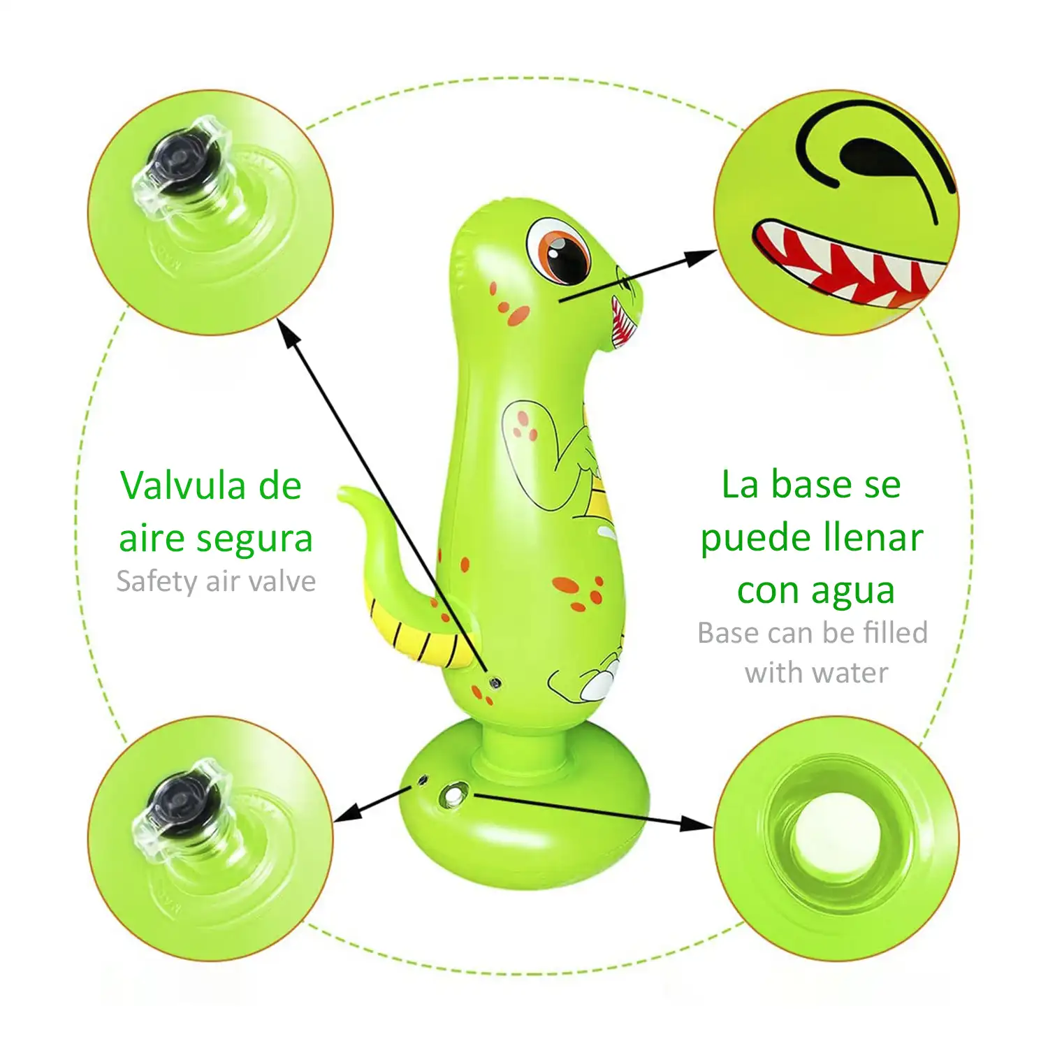 Dinosaurio hinchable tentetieso. Punching ball, practica karate, boxeo. 120cm.