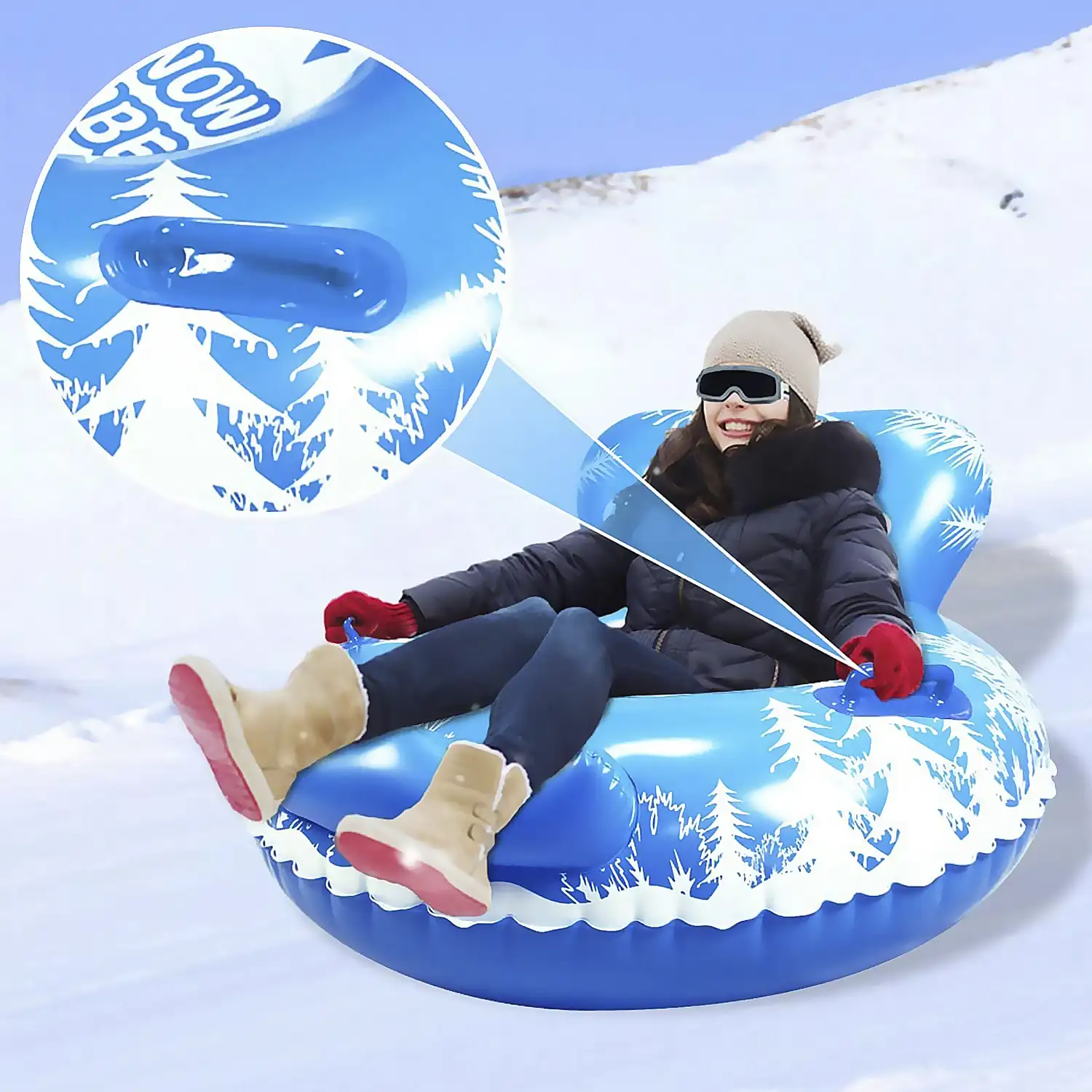 Colchoneta híbrida redonda con respaldo y asas, para nieve y agua. 115cm.