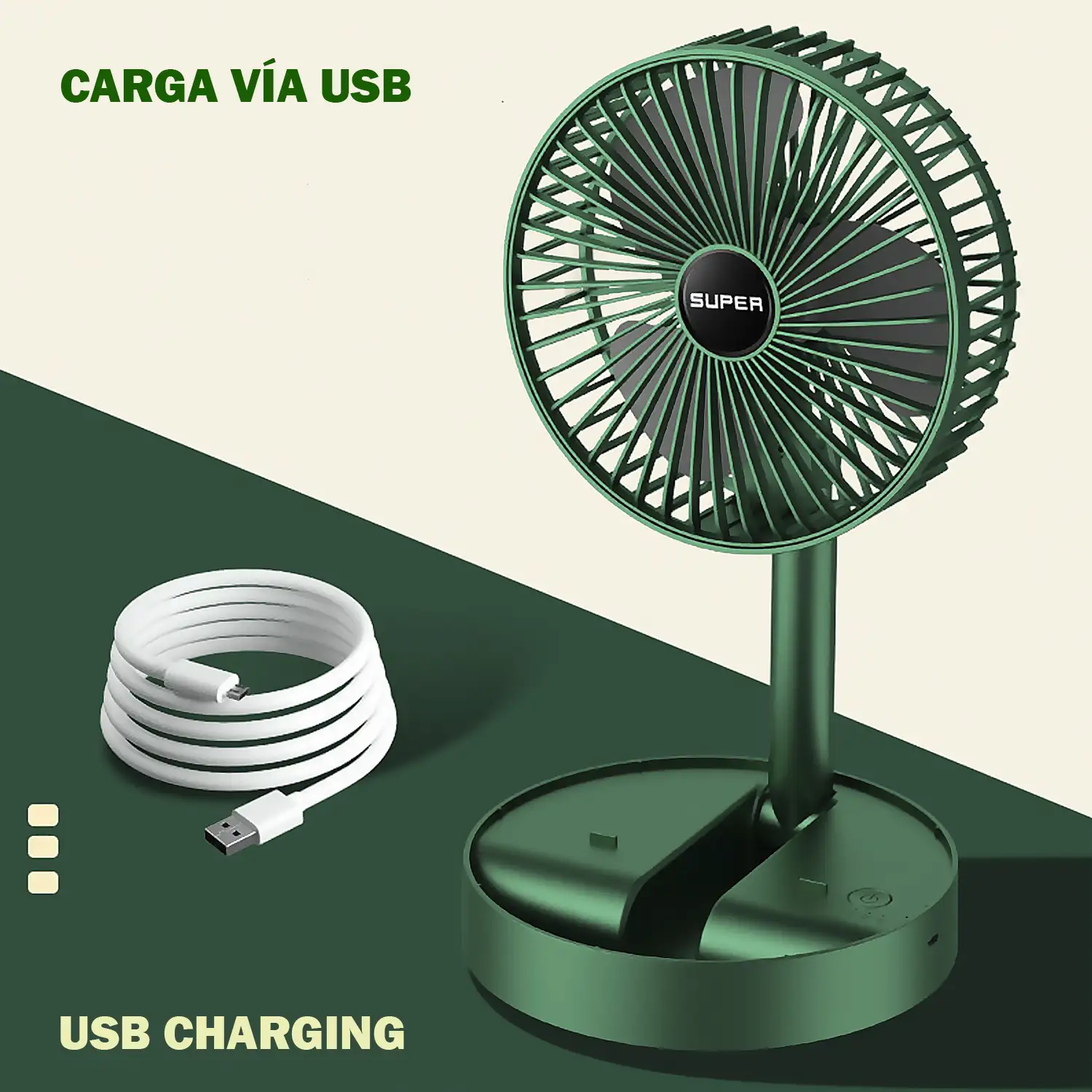 Mini ventilador portátil plegable con batería recargable y 3 velocidades.