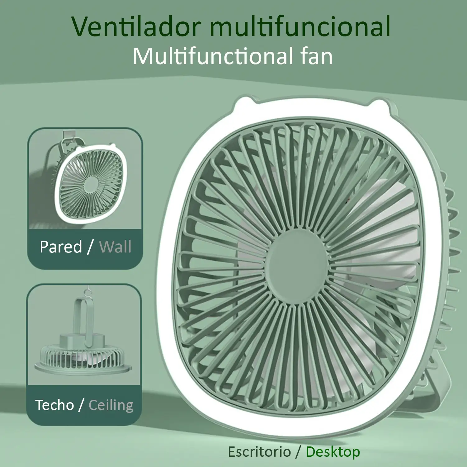 Ventilador portátil de 5W, con batería recargable, luz ambiental, y 3 velocidades.
