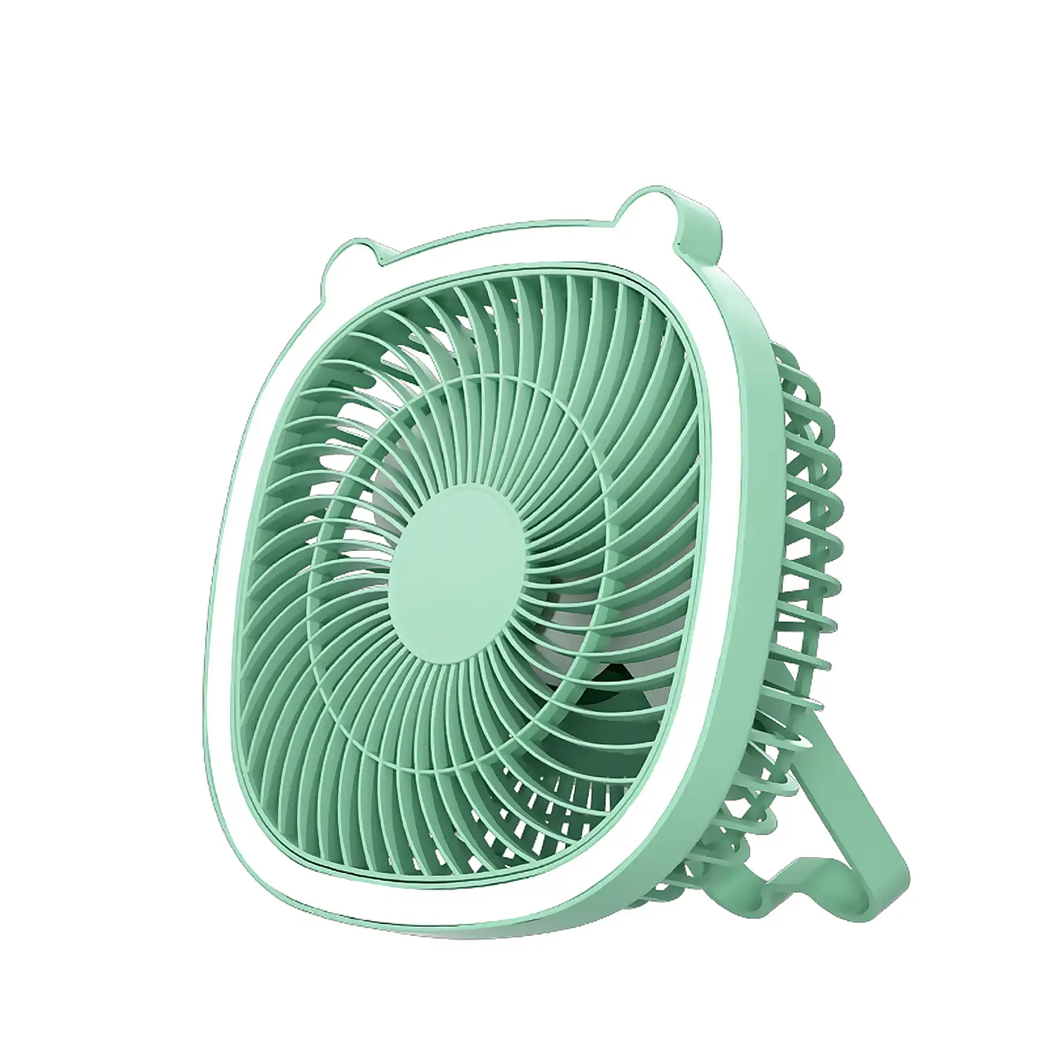 Ventilador portátil de 5W, con batería recargable, luz ambiental, y 3 velocidades.