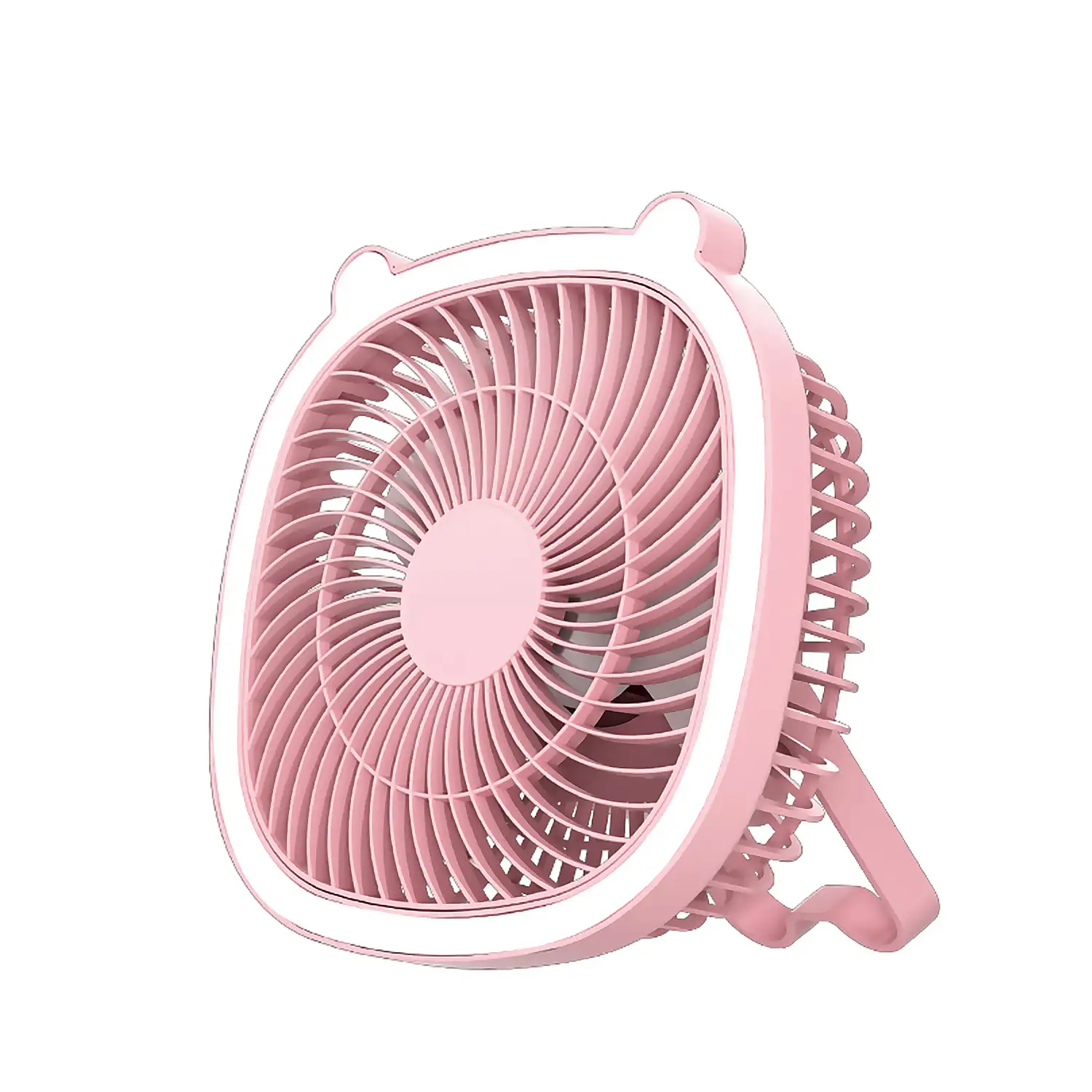 Ventilador portátil de 5W, con batería recargable, luz ambiental, y 3 velocidades.