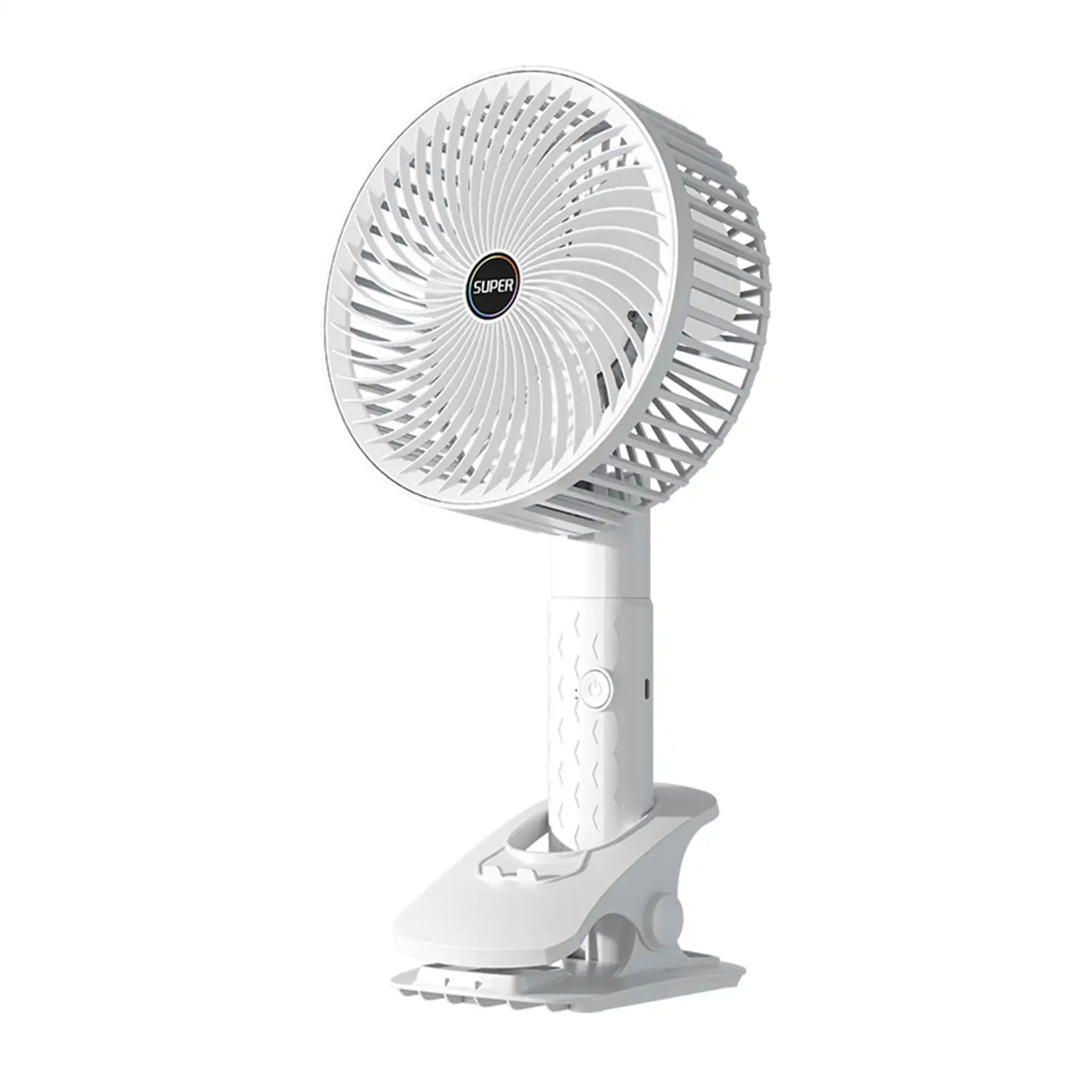Ventilador portátil de 5W, con batería recargable, rotación de 360° y pinza de agarre.
