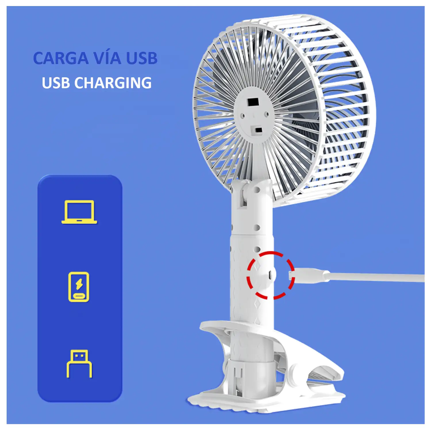 Ventilador portátil de 5W, con batería recargable, rotación de 360° y pinza de agarre.