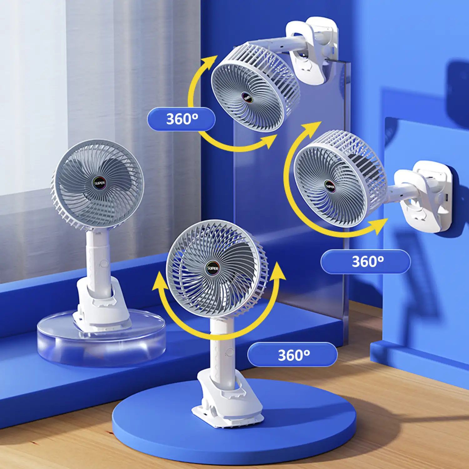 Ventilador portátil de 5W, con batería recargable, rotación de 360° y pinza de agarre.