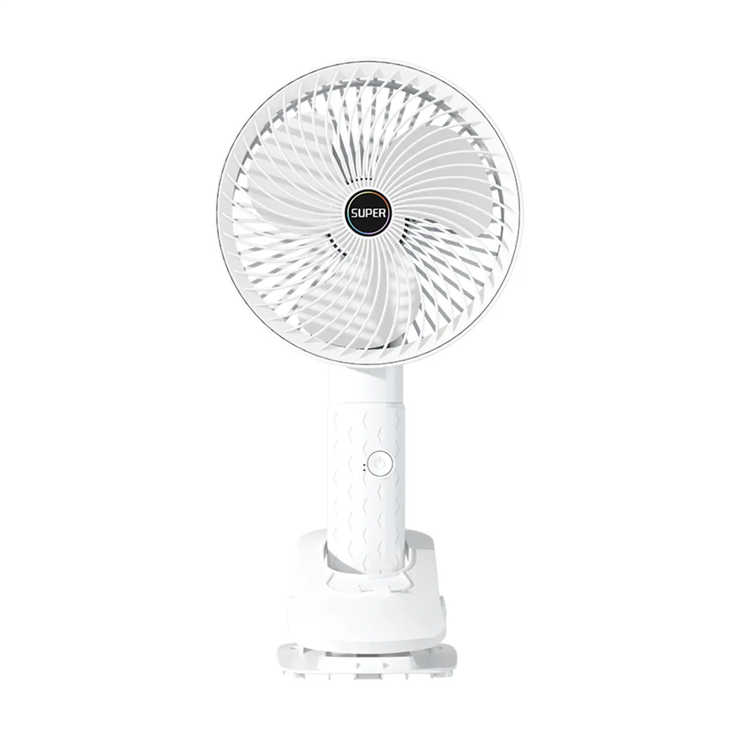 Ventilador portátil de 5W, con batería recargable, rotación de 360° y pinza de agarre.