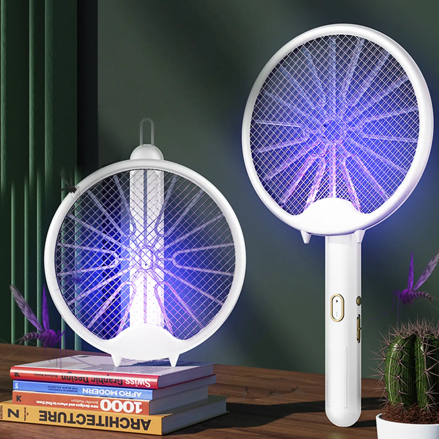 Raqueta eléctrica W1 de doble uso, mata mosquitos, moscas y polillas. Batería de litio. Luz ultravioleta 360°.