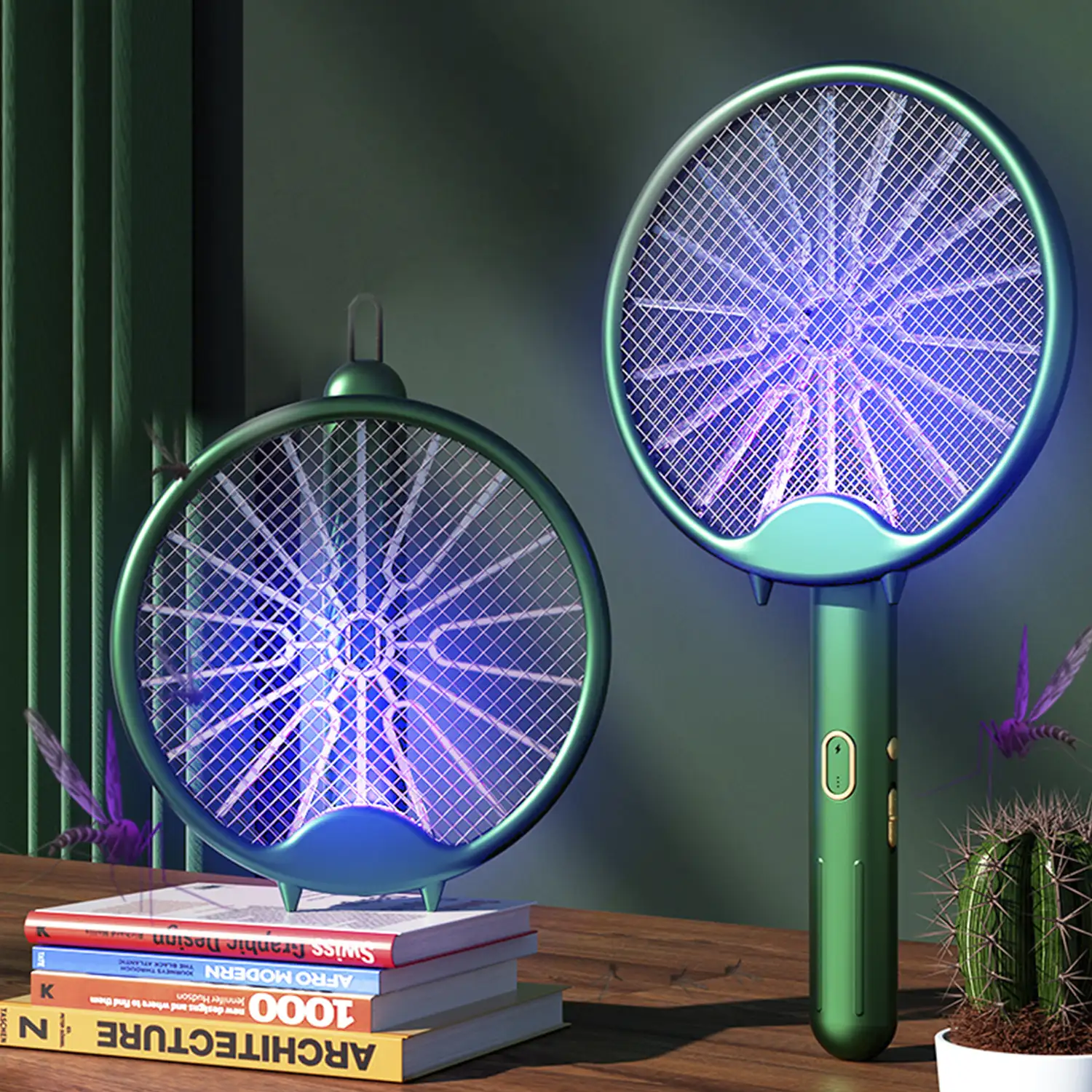 Raqueta eléctrica W1 de doble uso, mata mosquitos, moscas y polillas. Batería de litio. Luz ultravioleta 360°.