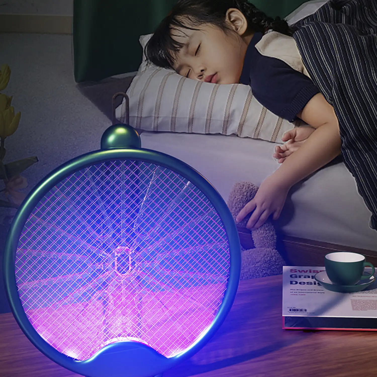 Raqueta eléctrica W1 de doble uso, mata mosquitos, moscas y polillas. Batería de litio. Luz ultravioleta 360°.