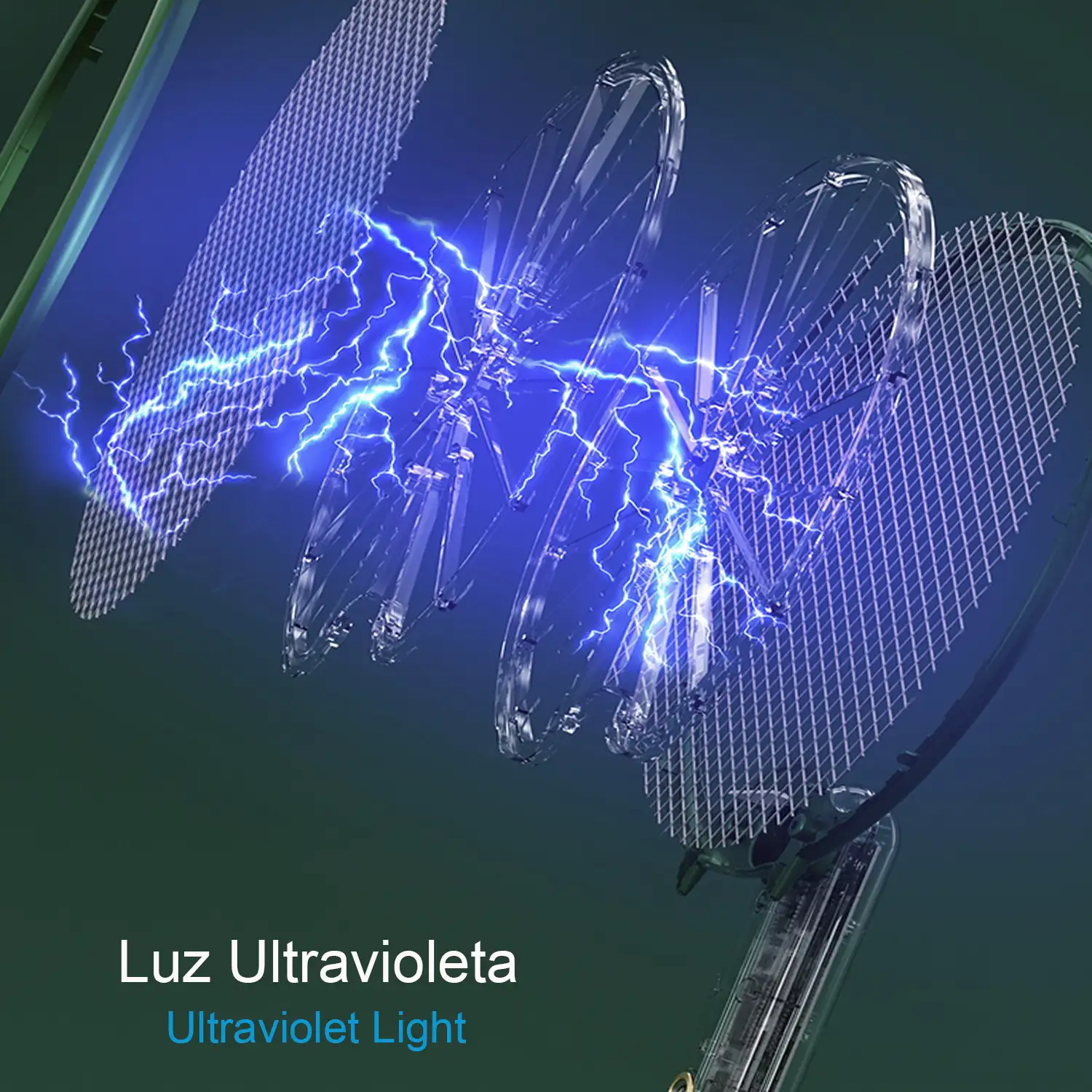 Raqueta eléctrica W1 de doble uso, mata mosquitos, moscas y polillas. Batería de litio. Luz ultravioleta 360°.