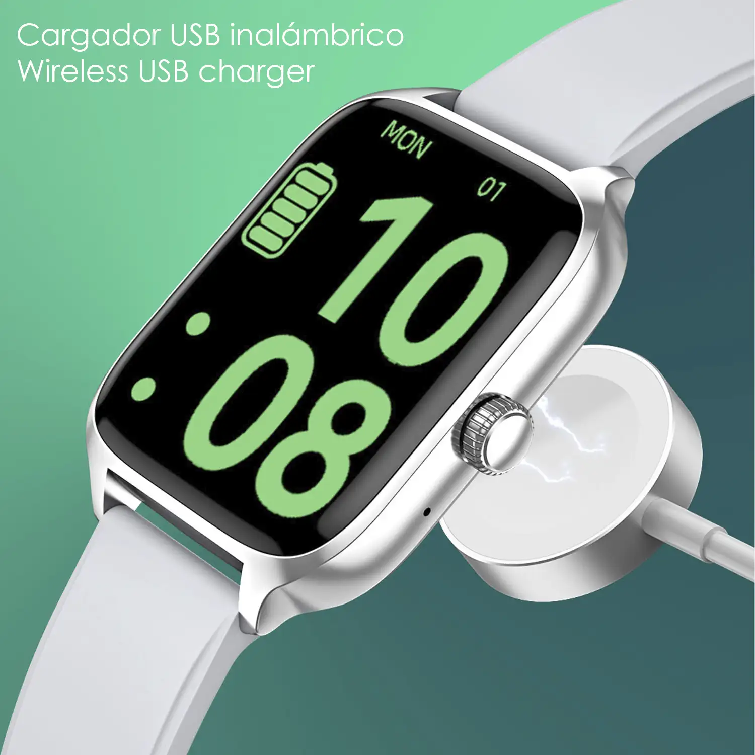 Smartwatch DT116 con monitor cardiaco, pantalla de acceso rápido, notificaciones, acceso asistente de voz.