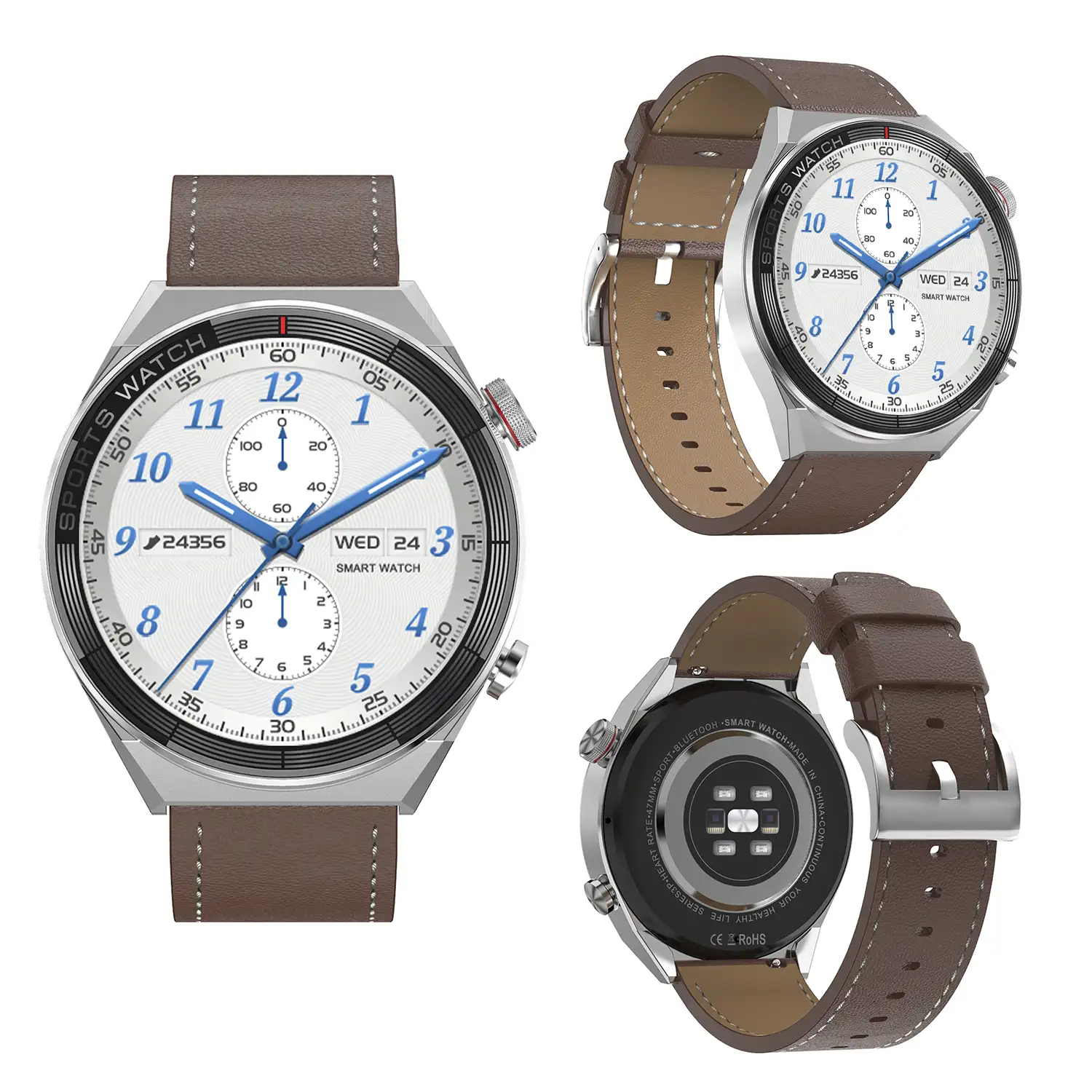 Smartwatch DT3 Mate con notificaciones, pantalla dividida, modos multideportivos y monitor cardíaco. Correa de cuero.