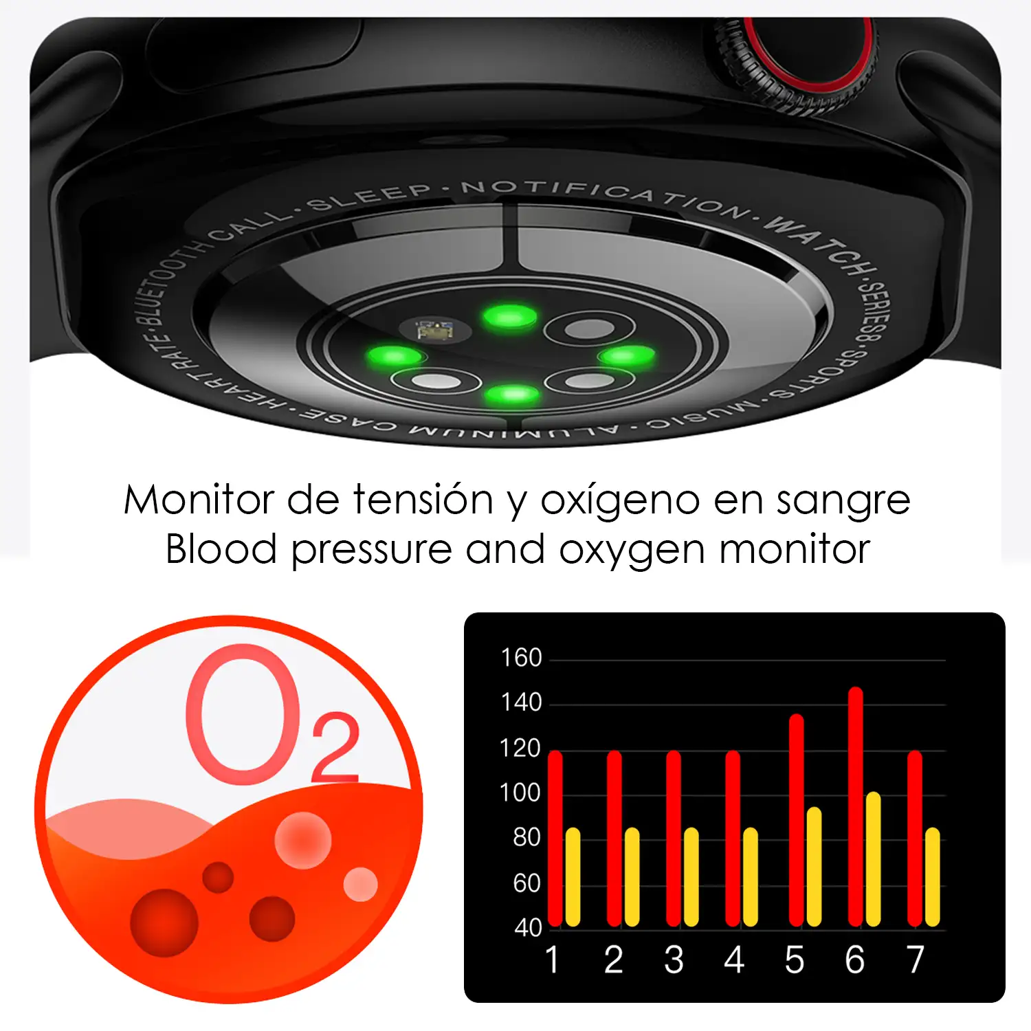 Smartwatch Watch8Pro con modo multideportivo,  termómetro, O2 en sangre, tensión, ECG.