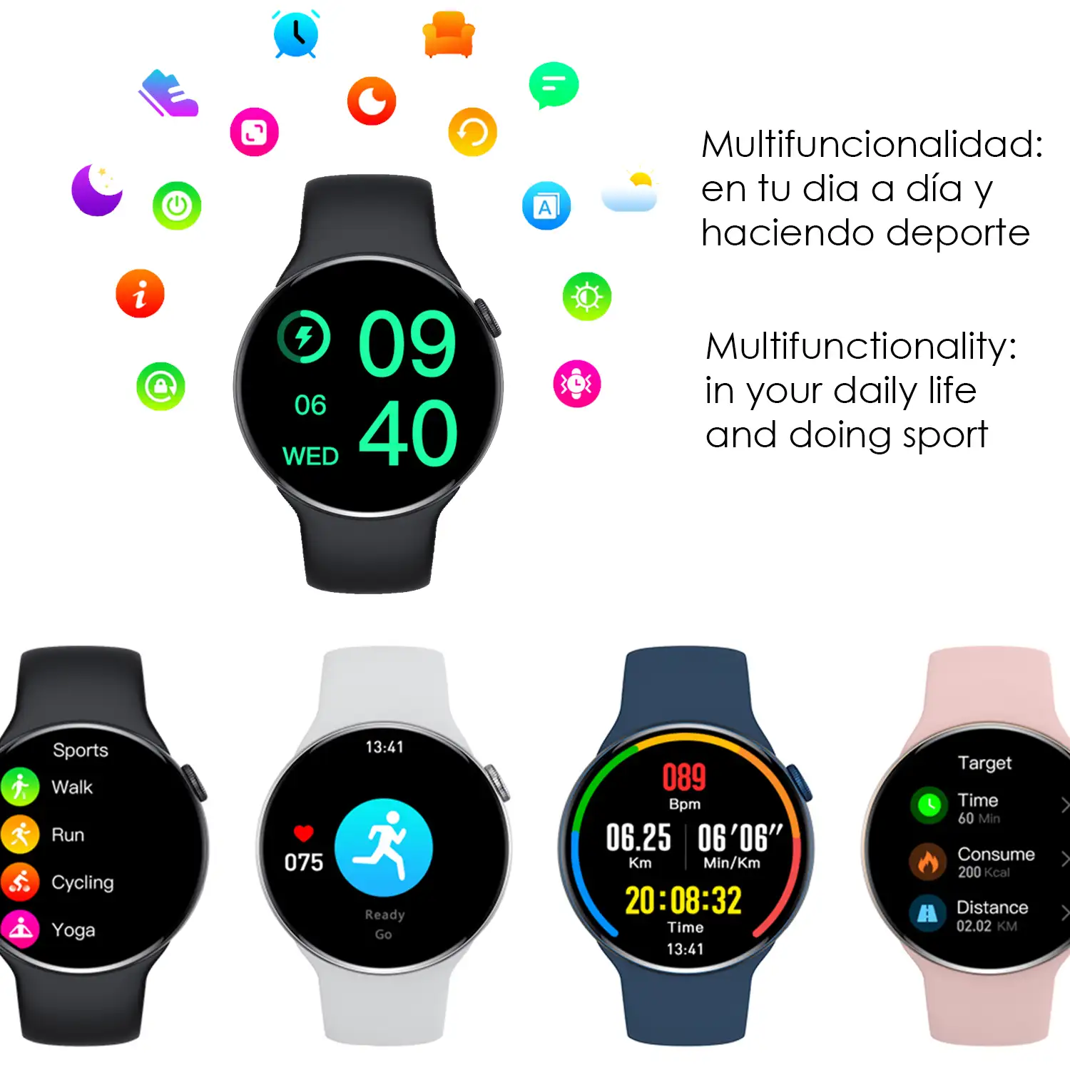 Smartwatch Watch8Pro con modo multideportivo,  termómetro, O2 en sangre, tensión, ECG.