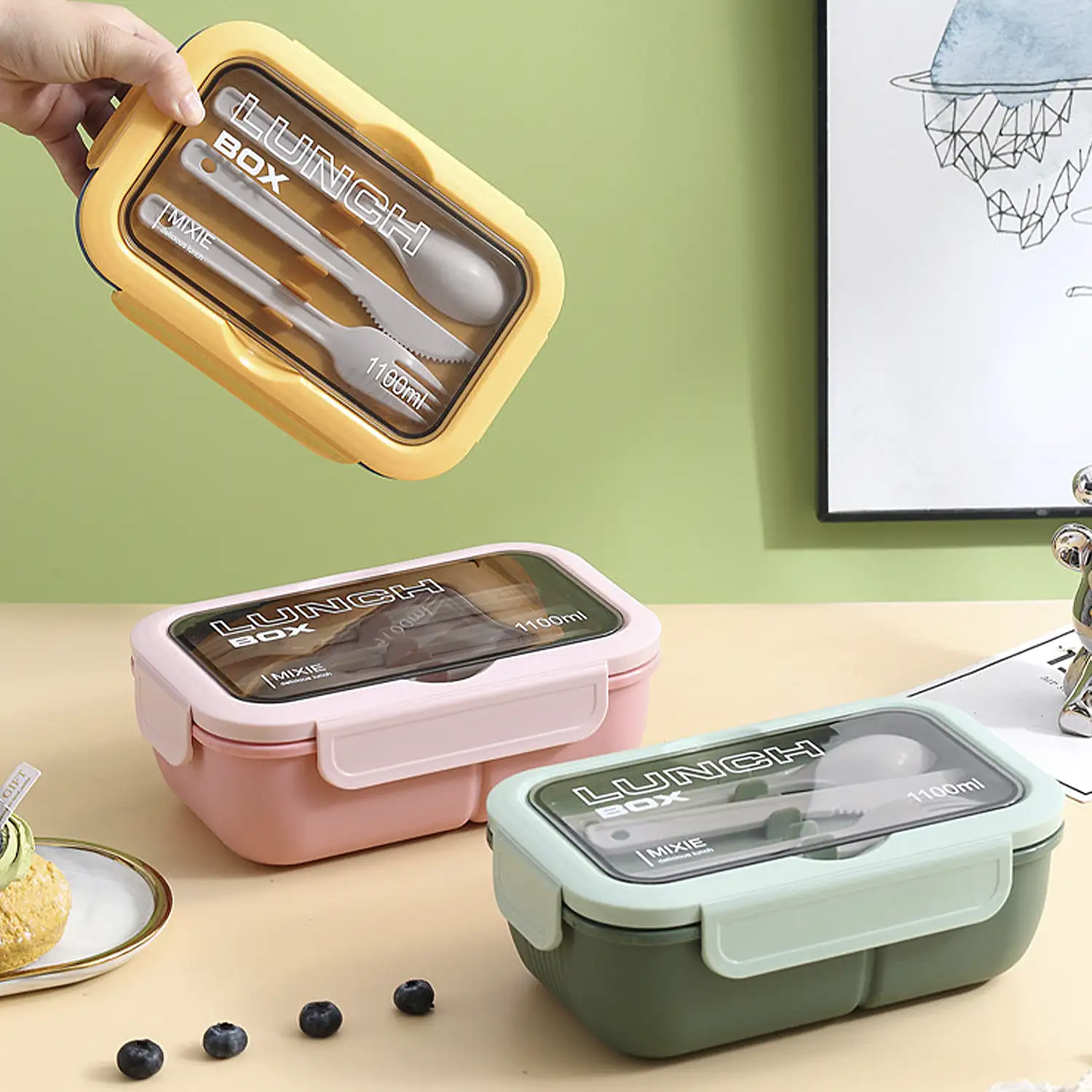 Fiambrera hermética apilable para guardar alimentos, de 1100ml, incluye tazón con tapa y cubiertos.
