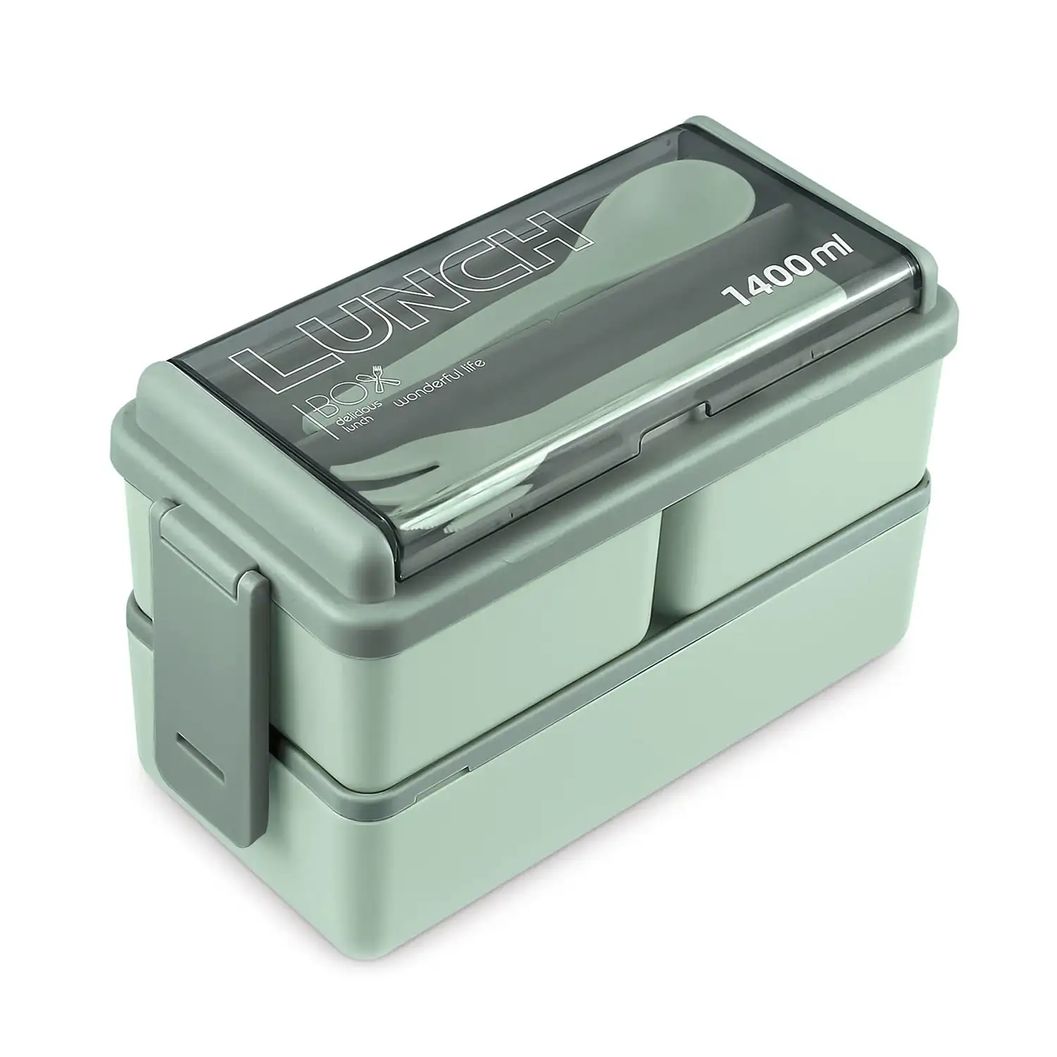 Fiambrera hermética de 2 alturas, para guardar alimentos, de 1400ml. Incluye cubiertos. Apto para microondas.