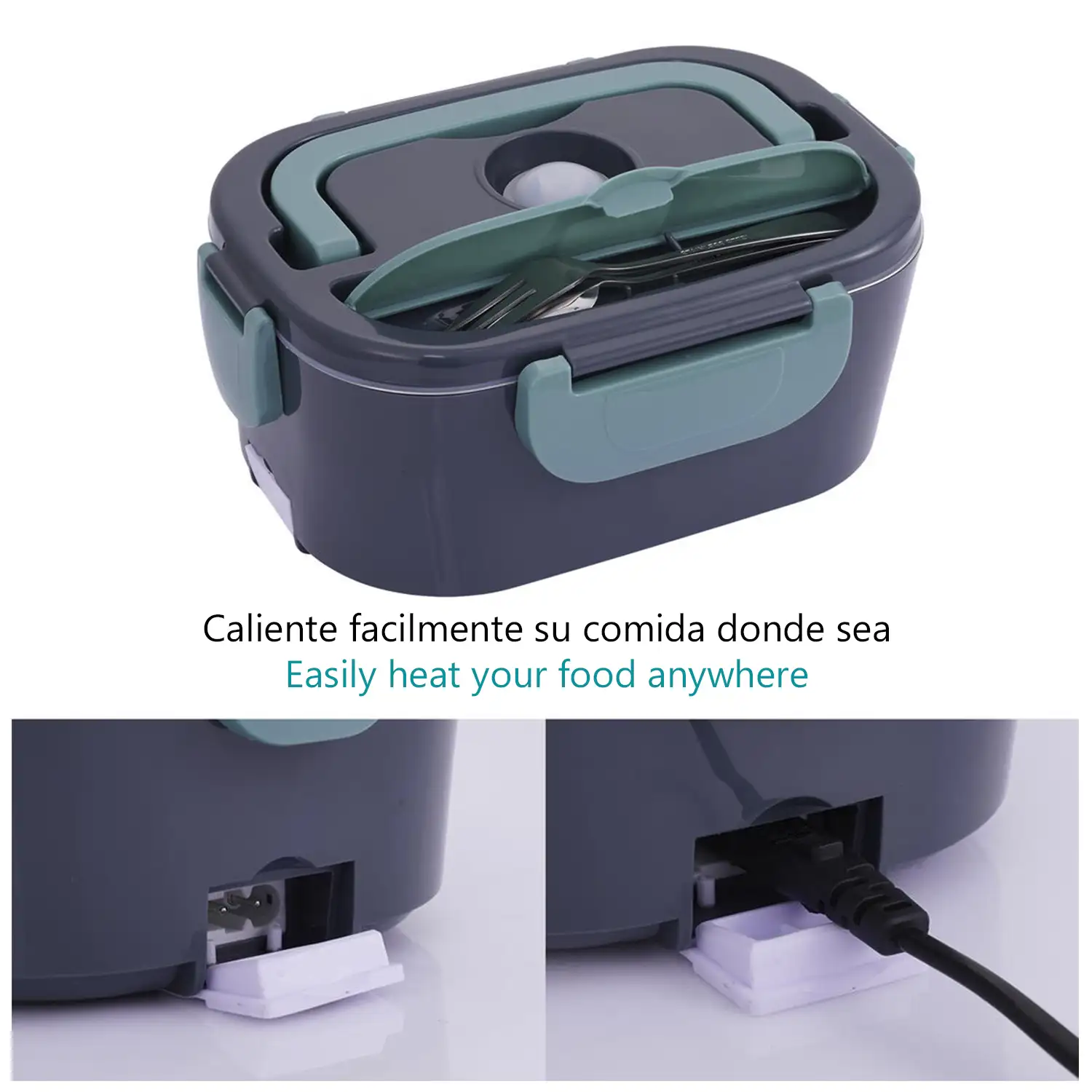Fiambrera eléctrica de 40W, de1500ml. Calienta tus alimentos en ella. Adaptador de corriente y para coche. Incluye cubiertos y funda.