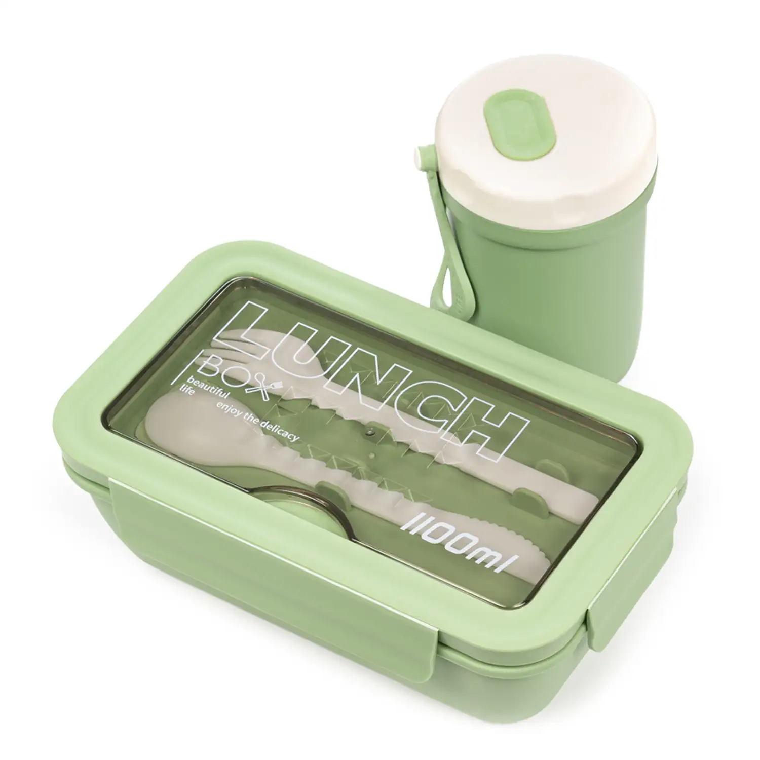 Fiambrera hermética para guardar alimentos, de 1100ml. Incluye vaso térmico y cubiertos. Apto para microondas.