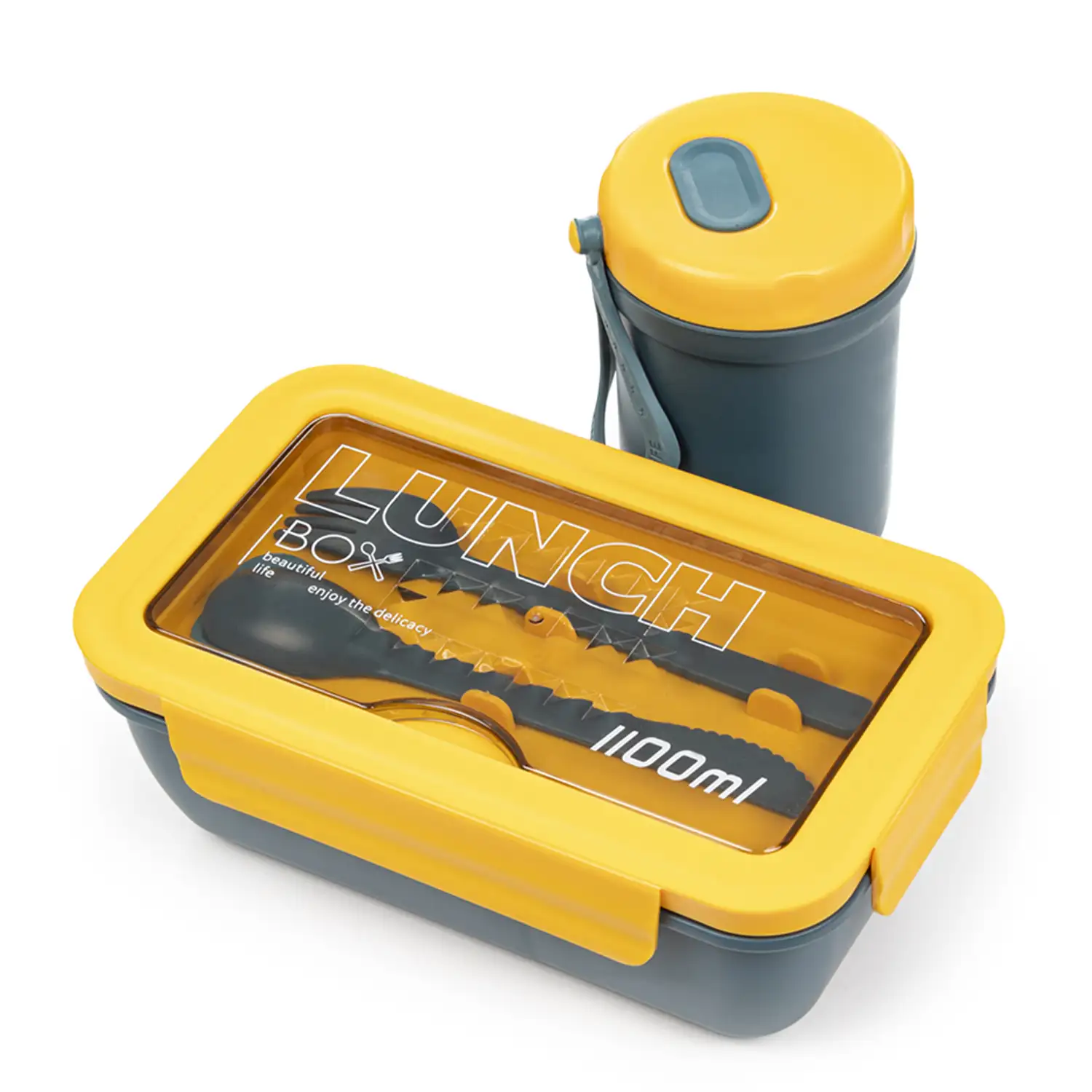 Fiambrera hermética para guardar alimentos, de 1100ml. Incluye vaso térmico y cubiertos. Apto para microondas.