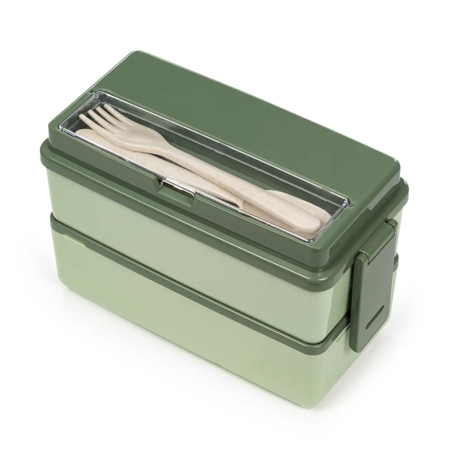 Fiambrera hermética de 2 alturas para guardar alimentos. Incluye cubiertos. Apto para microondas.
