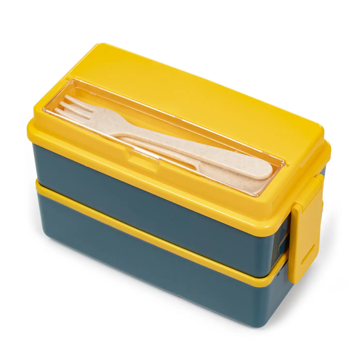 Fiambrera hermética de 2 alturas para guardar alimentos. Incluye cubiertos. Apto para microondas.