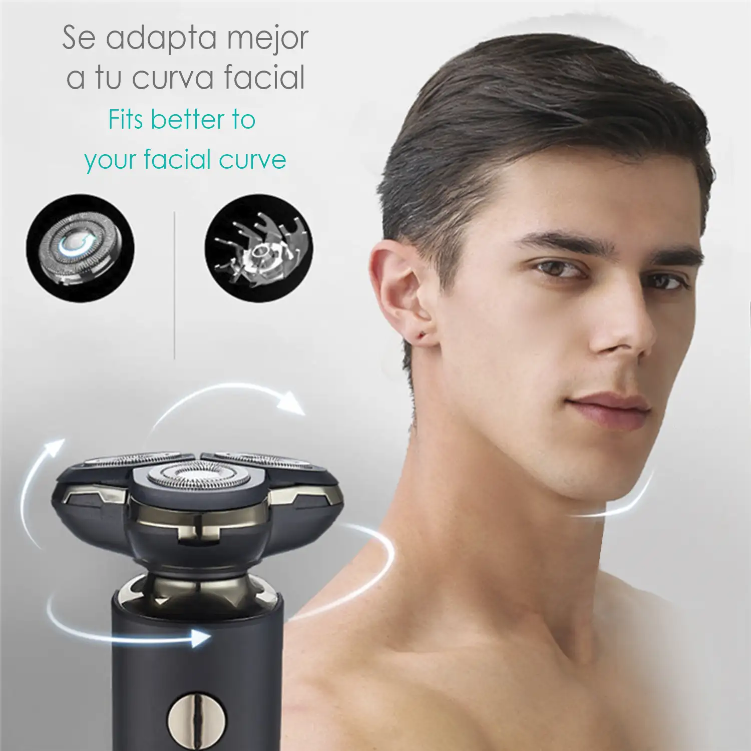 Máquina de afeitar 3D multifunción 5 en 1. Incluye cabezal de recorte, para nariz, de masaje, cepillo y de rasurado. Batería recargable.