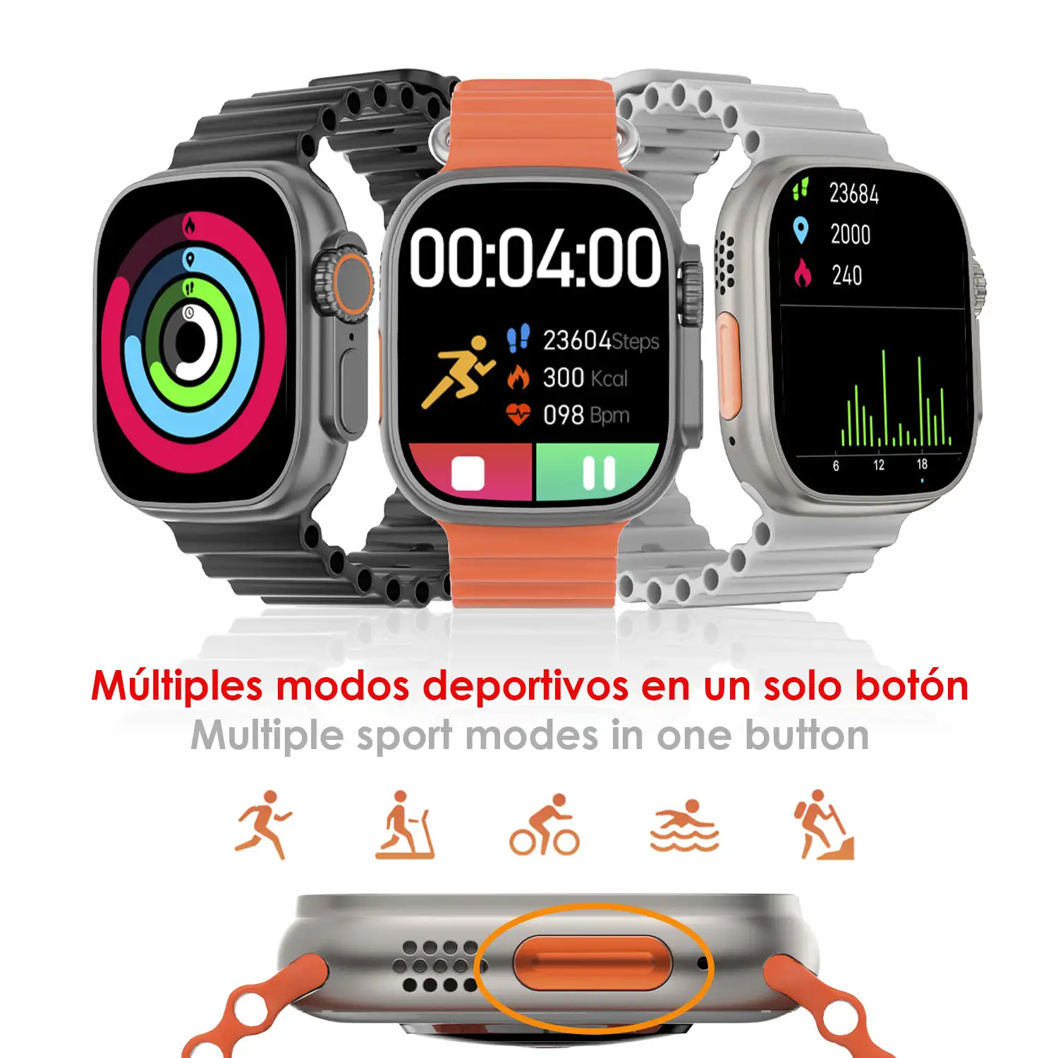 Smartwatch DT8 Ultra con pantalla de 2.0 pulgadas HR y función Always-On display. Widgets personalizables. Correa Sea band.