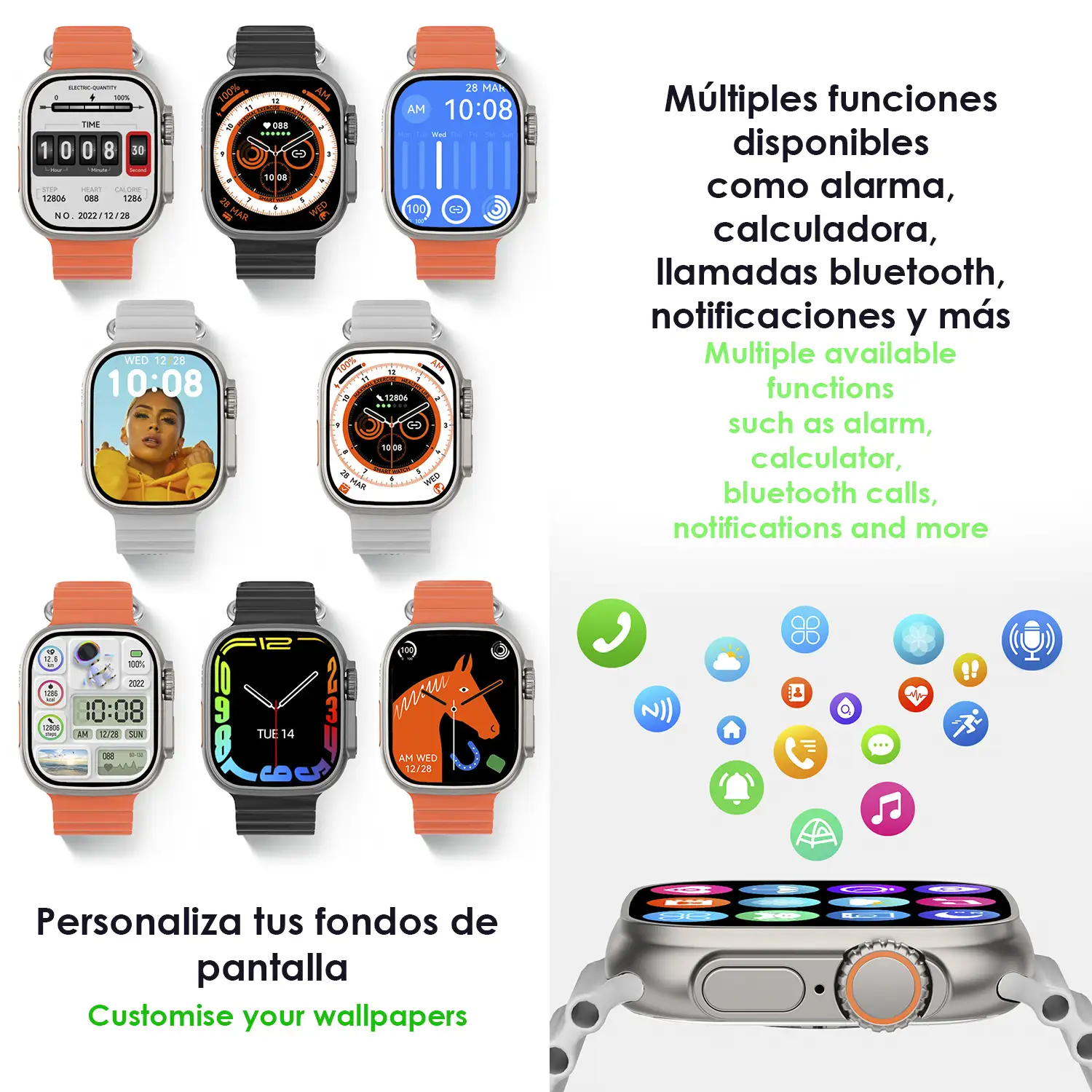 Smartwatch DT8 Ultra con pantalla de 2.0 pulgadas HR y función Always-On display. Widgets personalizables. Correa Sea band.