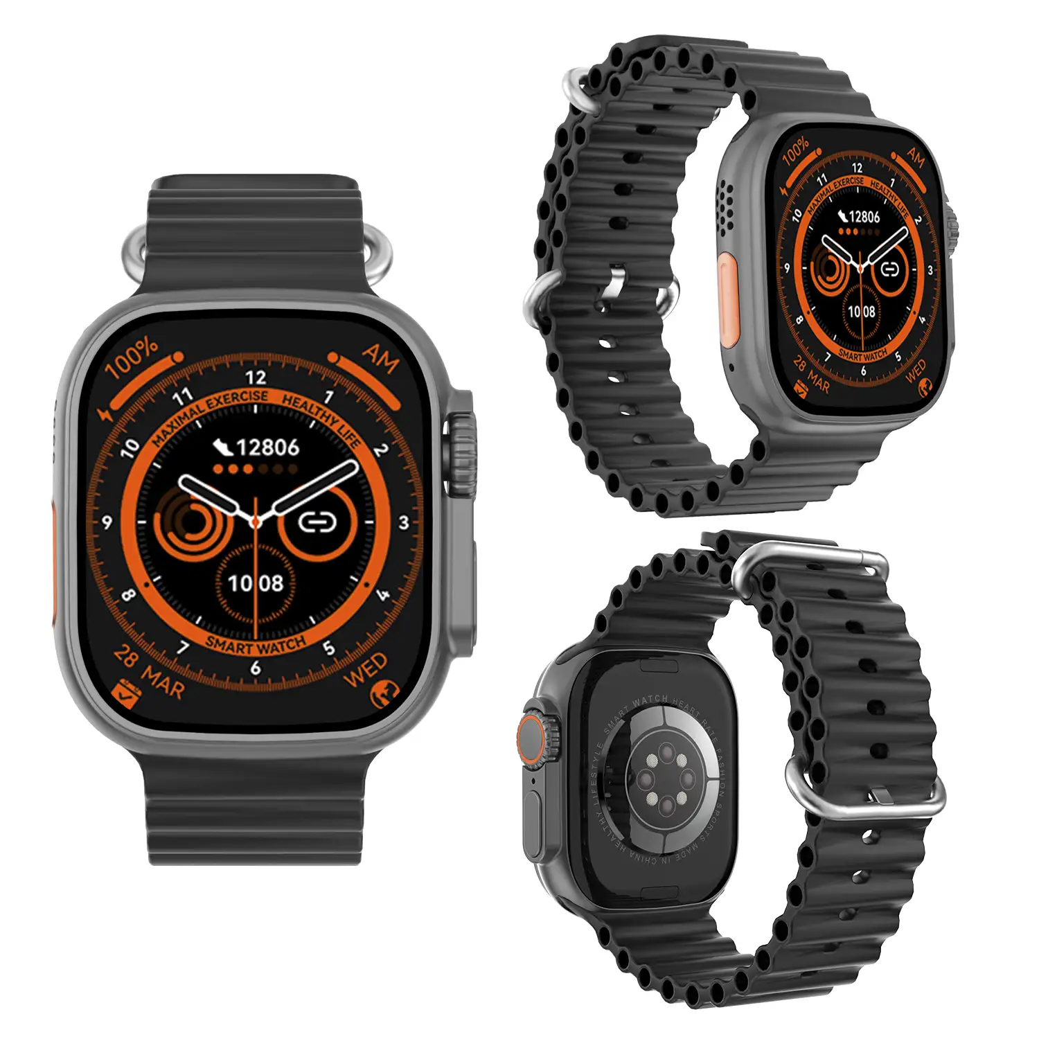 Smartwatch DT8 Ultra con pantalla de 2.0 pulgadas HR y función Always-On display. Widgets personalizables. Correa Sea band.