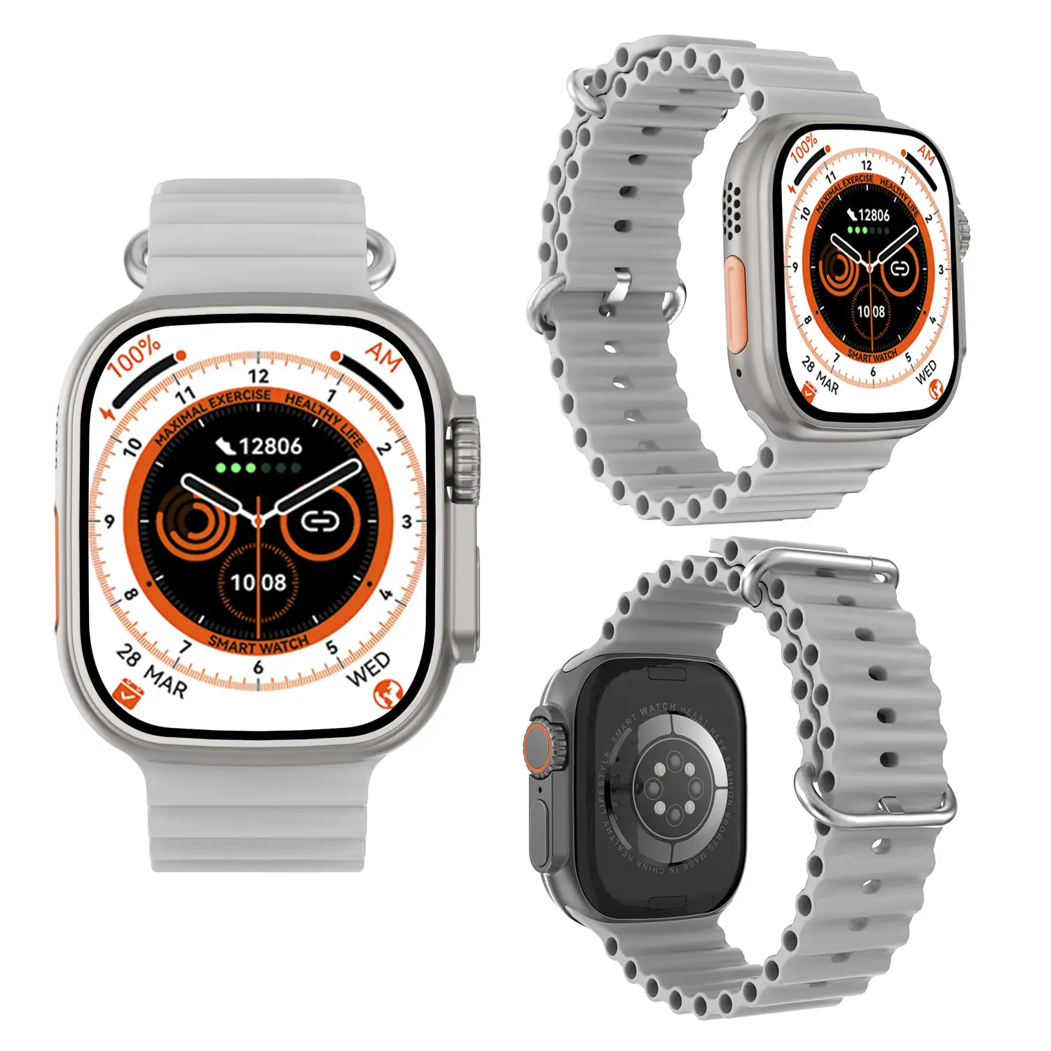 Smartwatch DT8 Ultra con pantalla de 2.0 pulgadas HR y función Always-On display. Widgets personalizables. Correa Sea band.