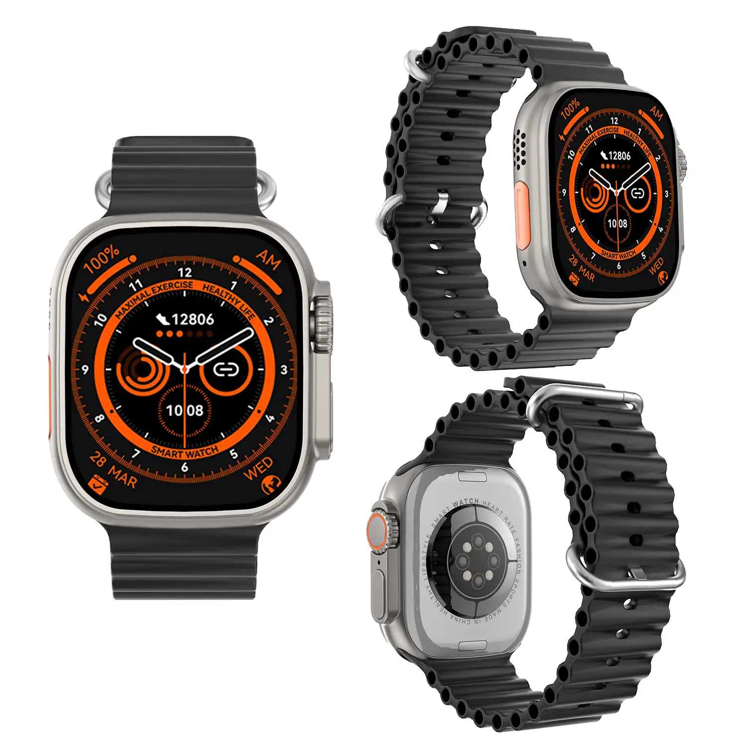 Smartwatch DT8 Ultra con pantalla de 2.0 pulgadas HR y función Always-On display. Widgets personalizables. Correa Sea band.