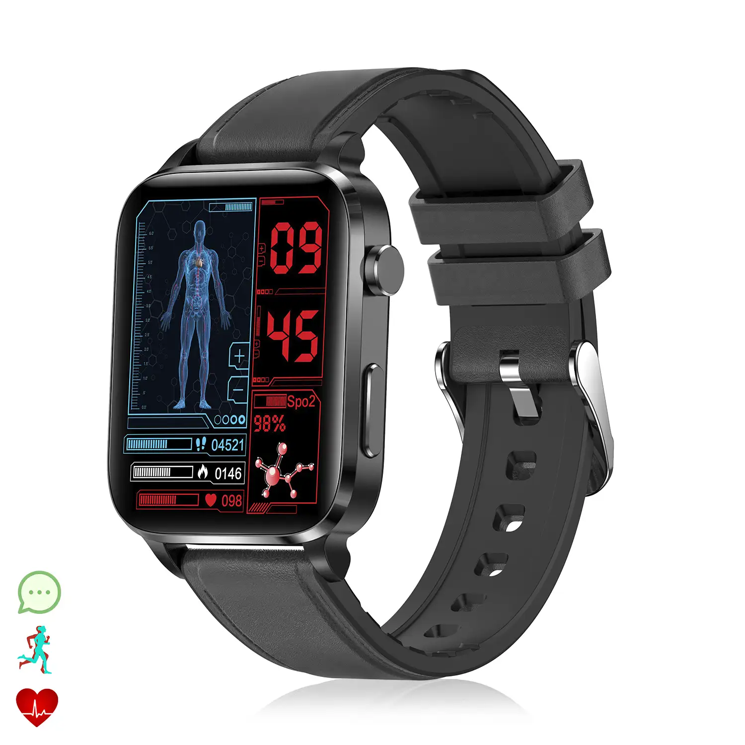 Smartwatch F100 con terapia de salud con láser de doble sonda. Monitor de O2, tensión y termómetro. Varios modos deportivos. Correa cuero.