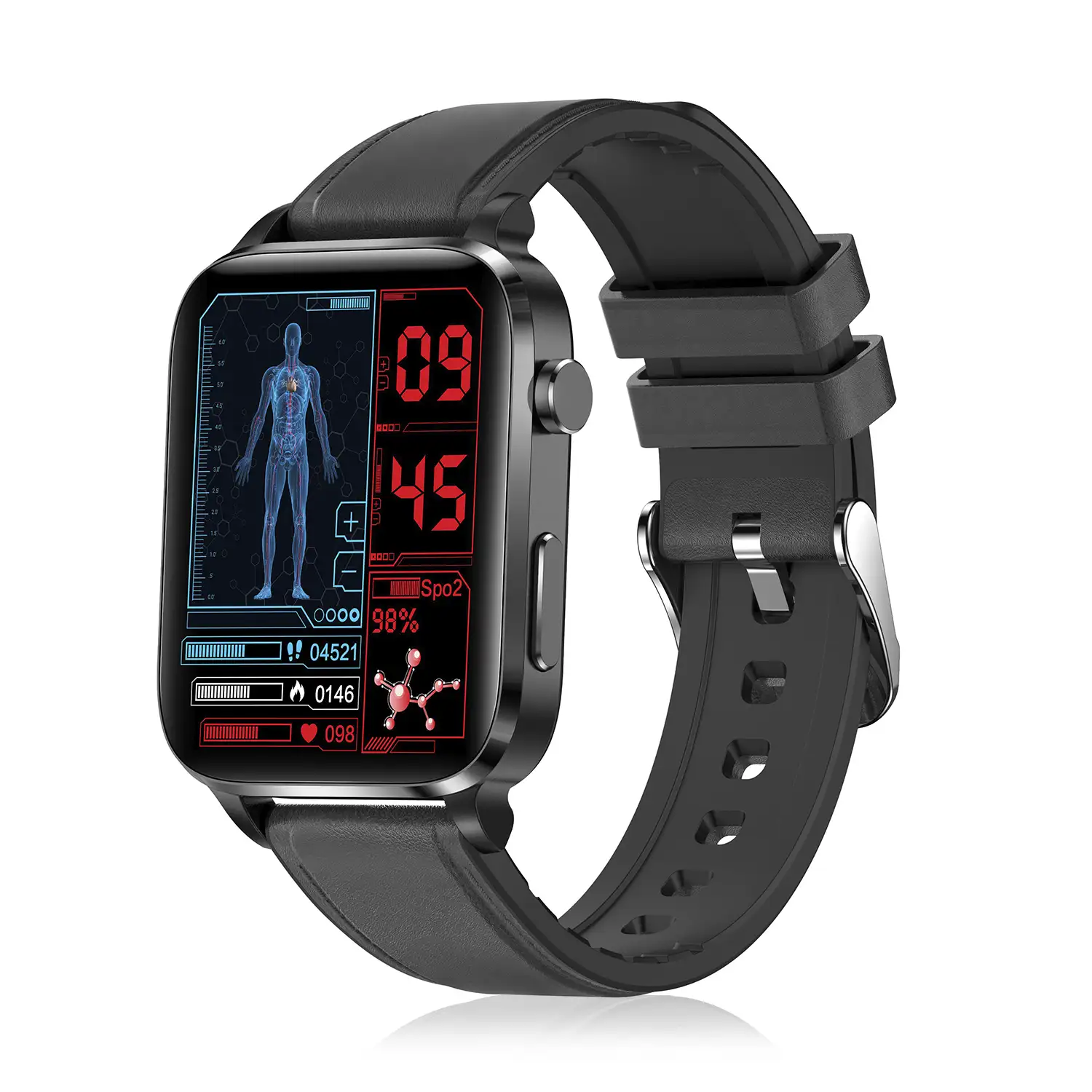 Smartwatch F100 con terapia de salud con láser de doble sonda. Monitor de O2, tensión y termómetro. Varios modos deportivos. Correa cuero.
