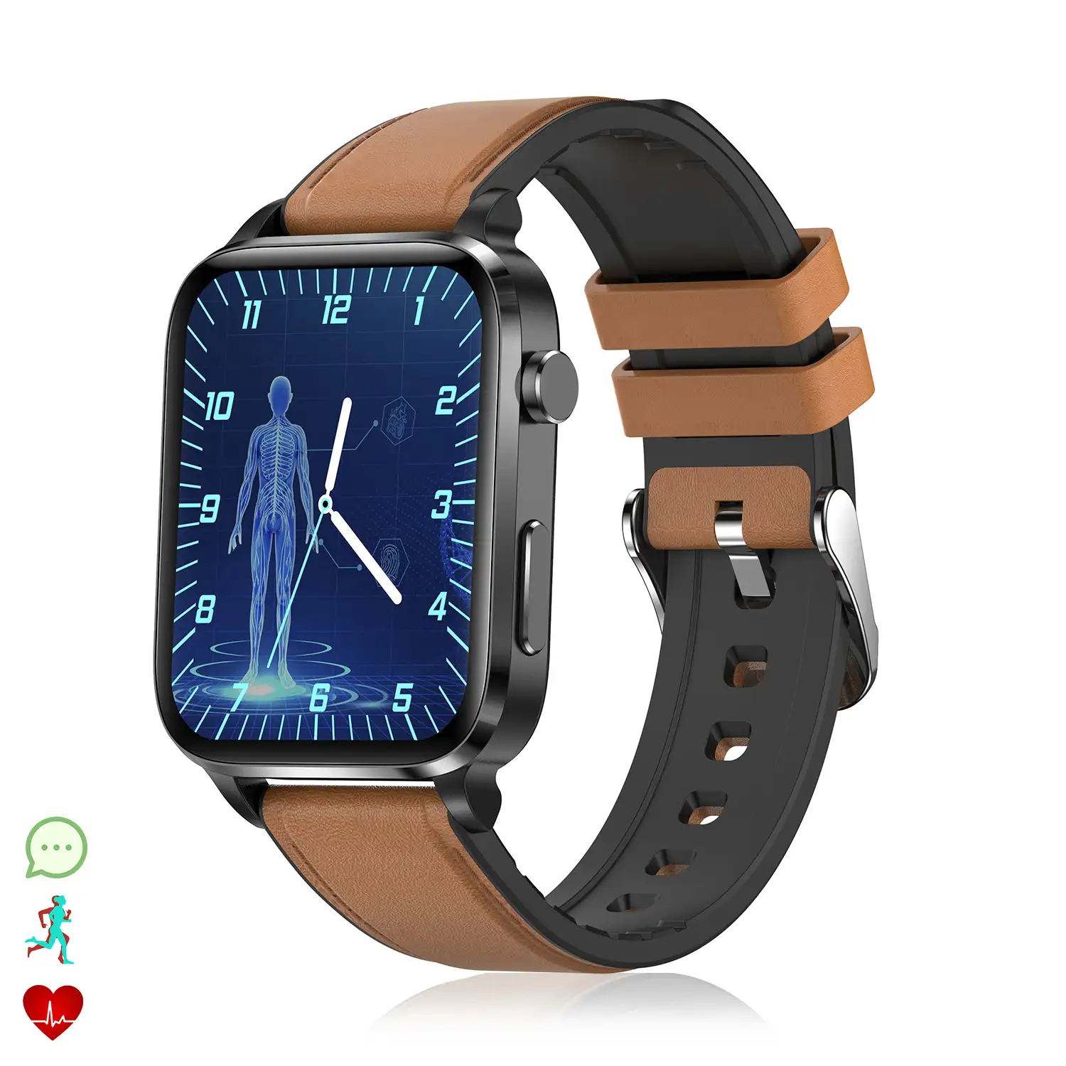 Smartwatch F100 con terapia de salud con láser de doble sonda. Monitor de O2, tensión y termómetro. Varios modos deportivos. Correa cuero.