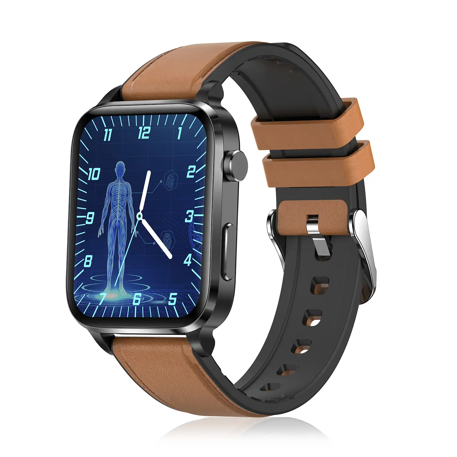 Smartwatch F100 con terapia de salud con láser de doble sonda. Monitor de O2, tensión y termómetro. Varios modos deportivos. Correa cuero.