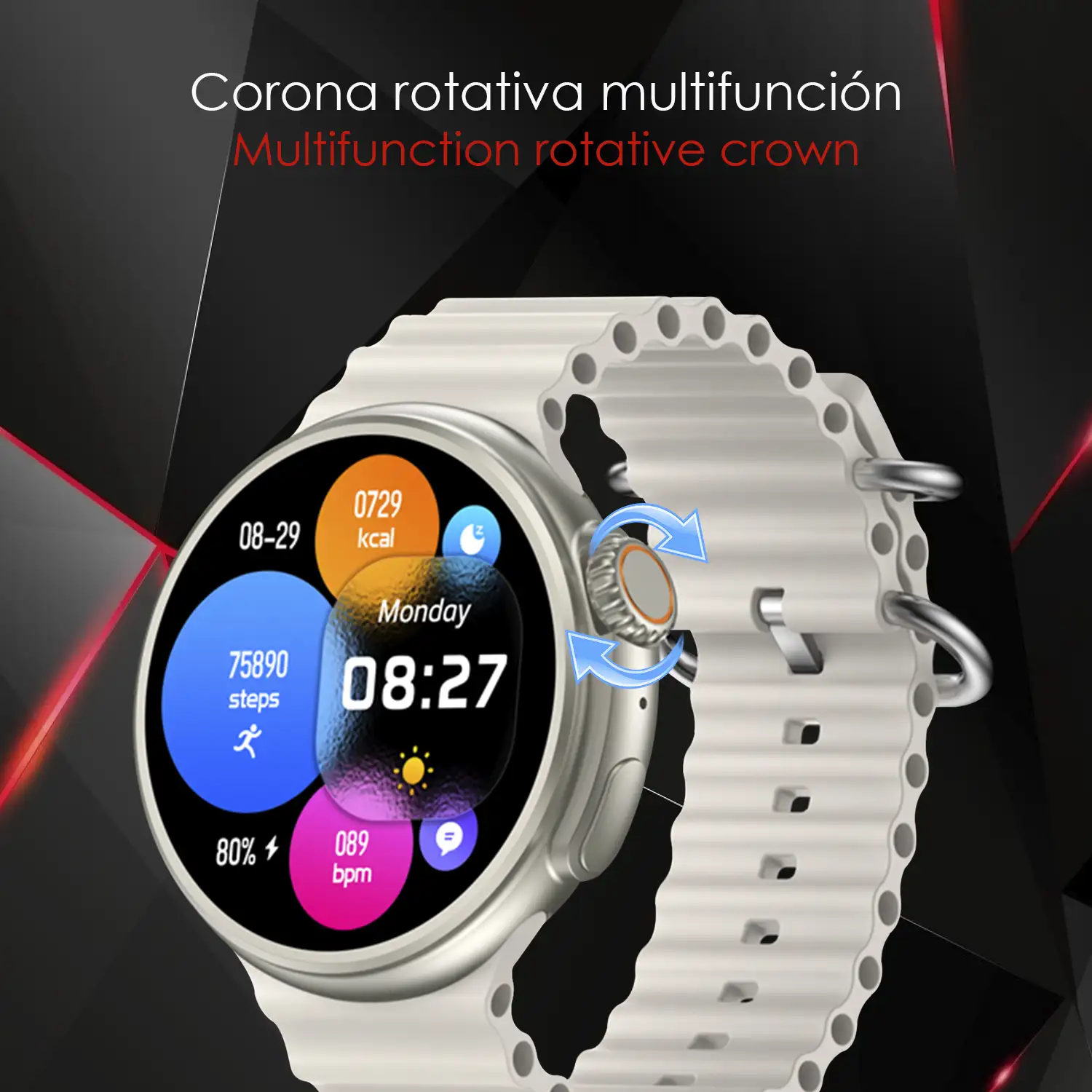 Smartwatch Z78 Ultra con corona multifunción inteligente, widgets personalizables, acceso directo a Siri. Termómetro, O2 y tensión.