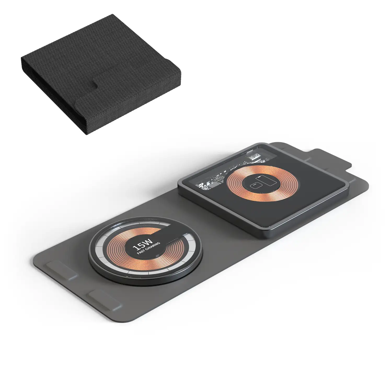 Cargador inalámbrico plegable portátil 15W, Qi + Magsafe. Base de carga doble.