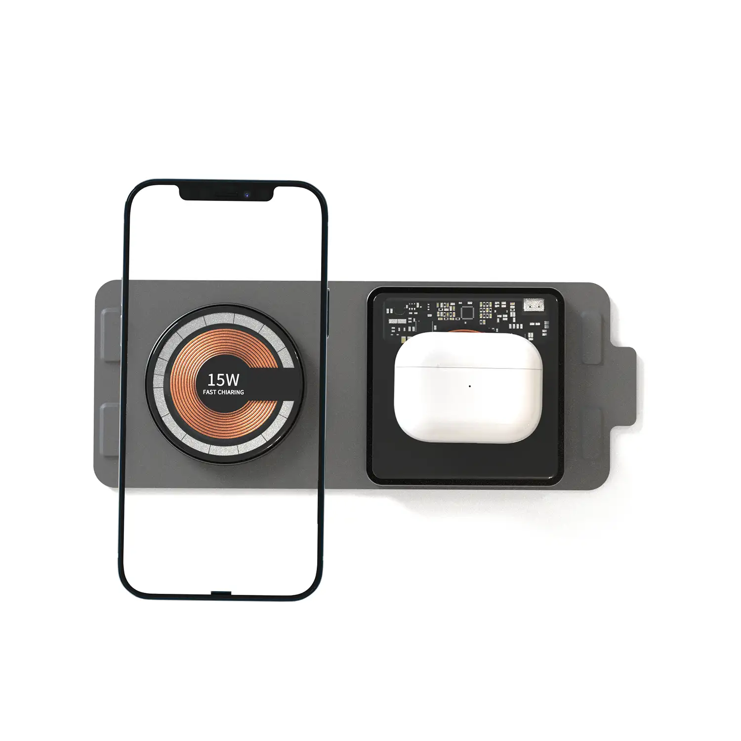 Cargador inalámbrico plegable portátil 15W, Qi + Magsafe. Base de carga doble.
