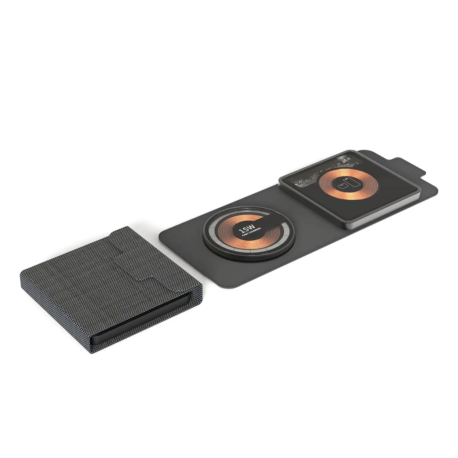 Cargador inalámbrico plegable portátil 15W, Qi + Magsafe. Base de carga doble.