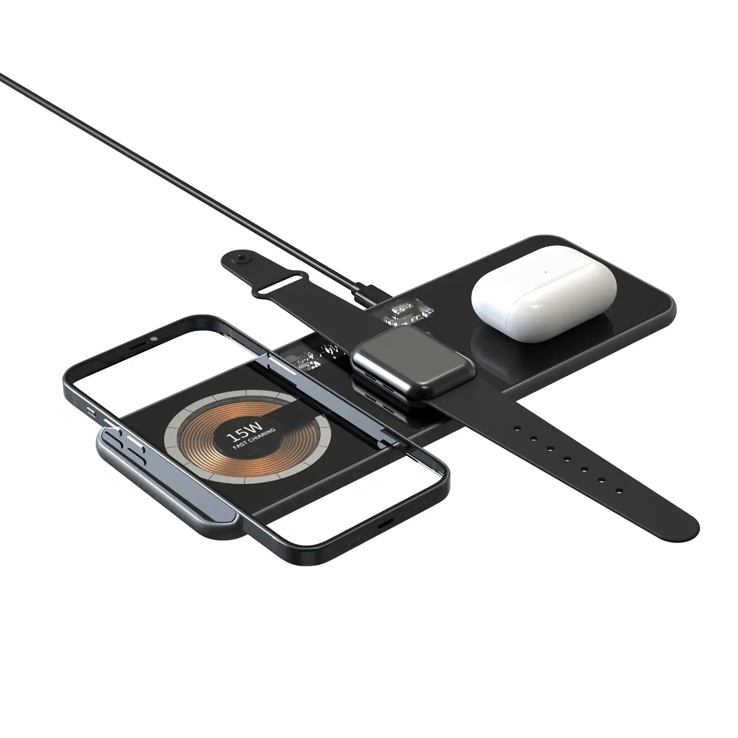 Base de carga inalámbrica de 15W. Qi, Magsafe y Apple Watch. Base de carga triple.