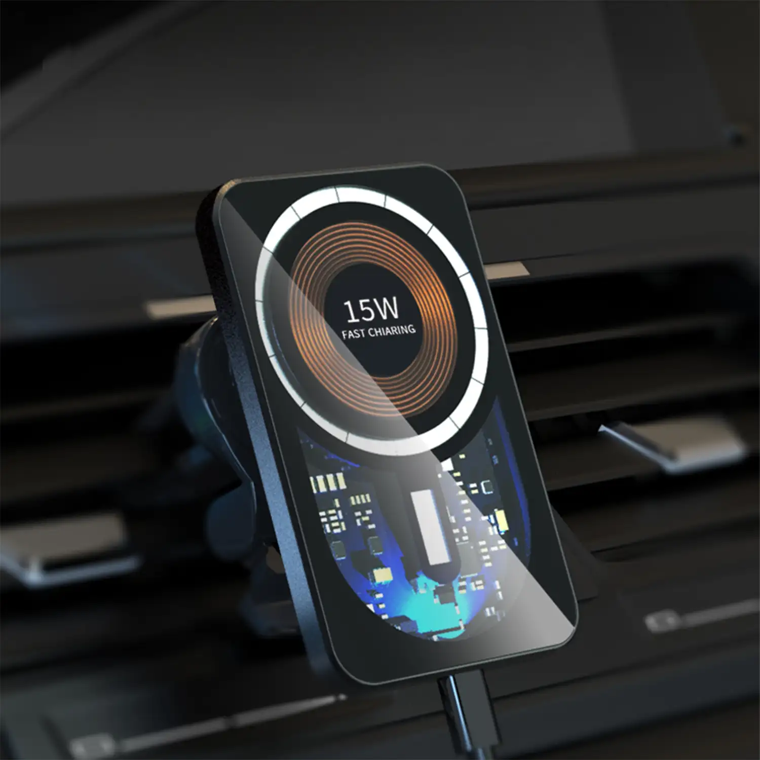 Cargador de coche inalámbrico Magsafe, con pinza para toma de aire, 15W. Con luz led ambiental.