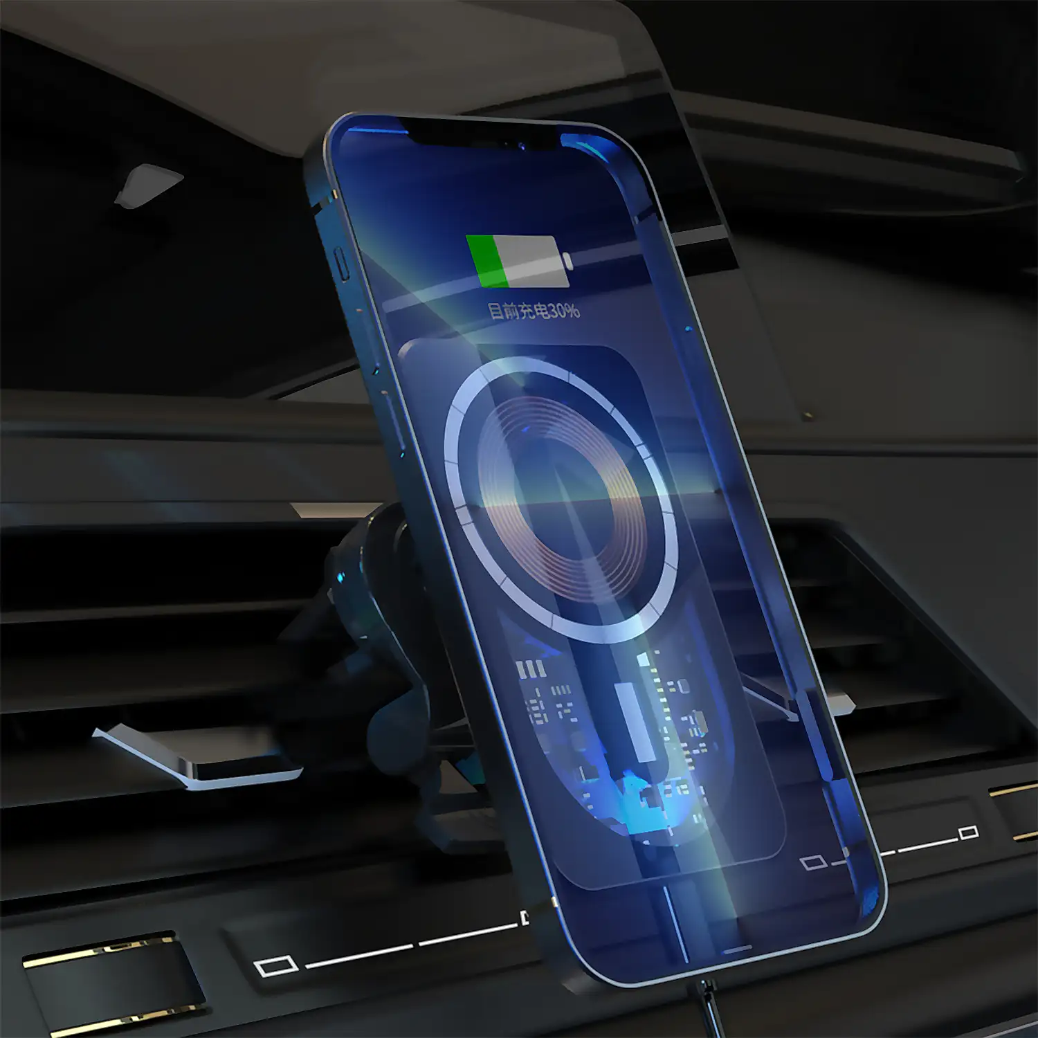 Cargador de coche inalámbrico Magsafe, con pinza para toma de aire, 15W. Con luz led ambiental.