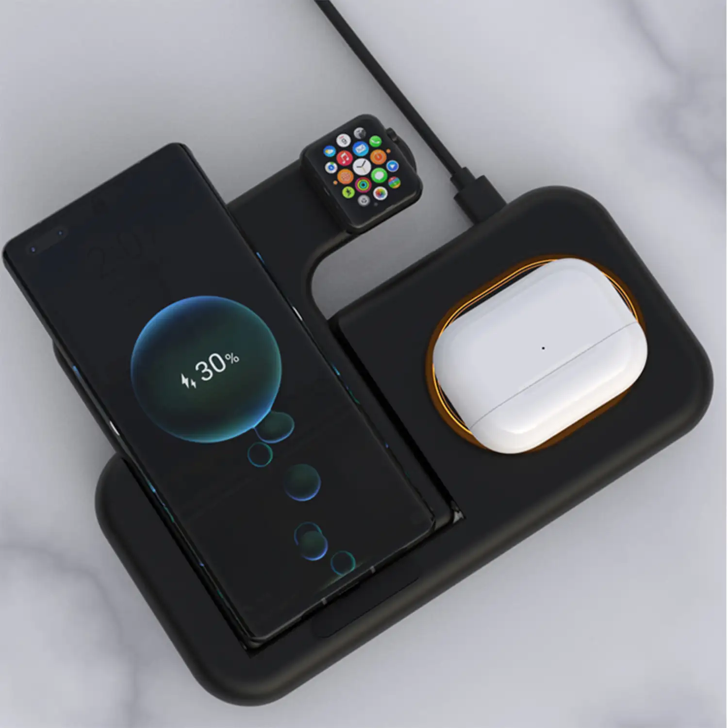 Base de carga plegable 5 en 1. Base Magsafe 15W ajustable, cargador de Apple Watch y base Qi. Con luz de noche táctil. Función stand.